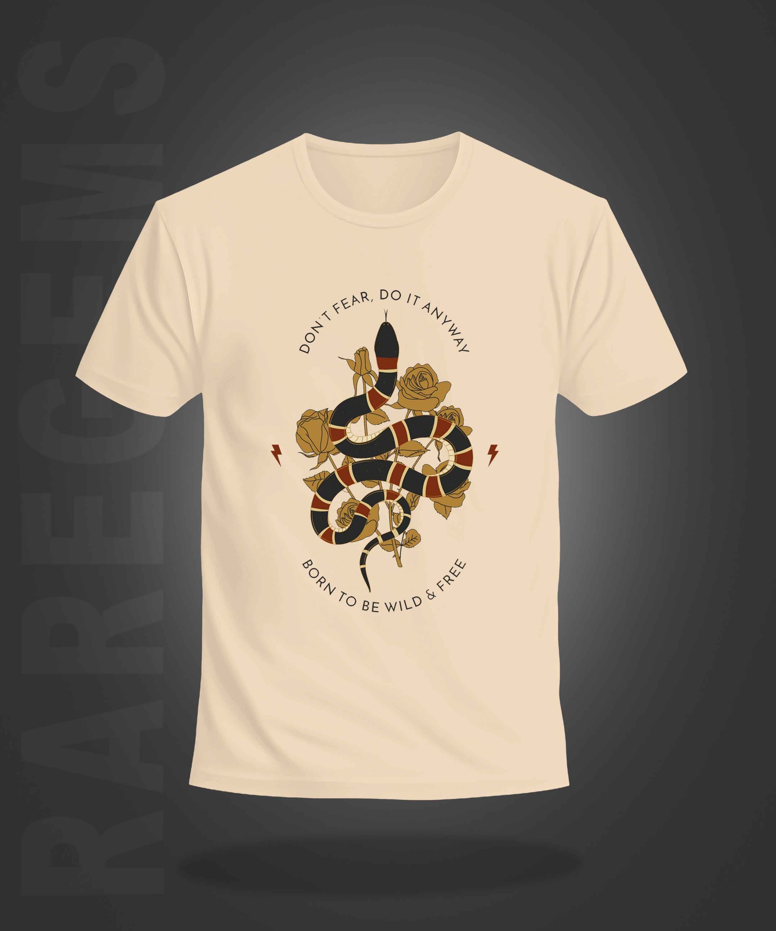 Beige Half Sleeve Round Neck Snake With Roses Printed Regular T-Shirt