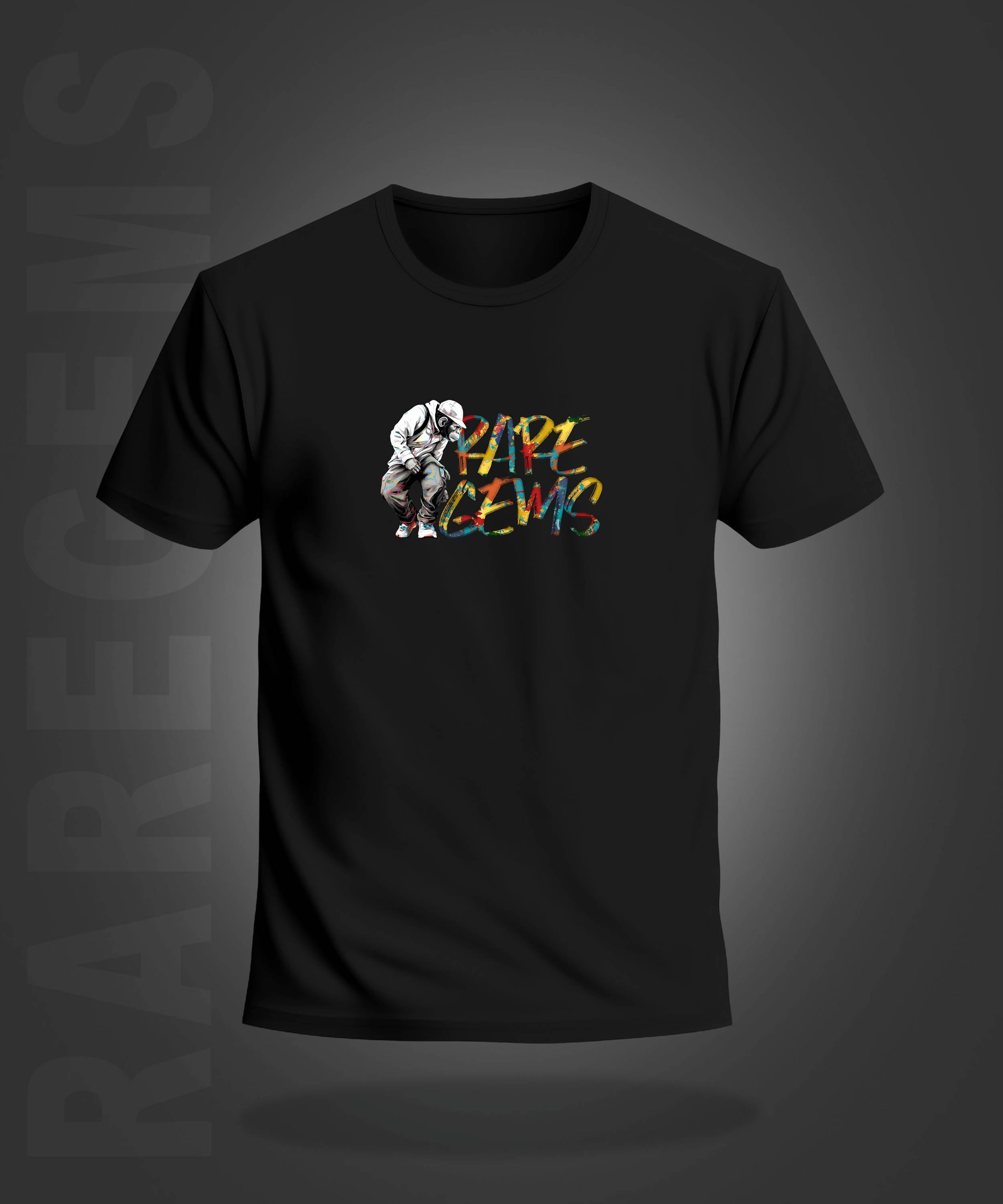 Black Half Sleeve Round Neck Monkey With Raregems Printed Regular T-Shirt