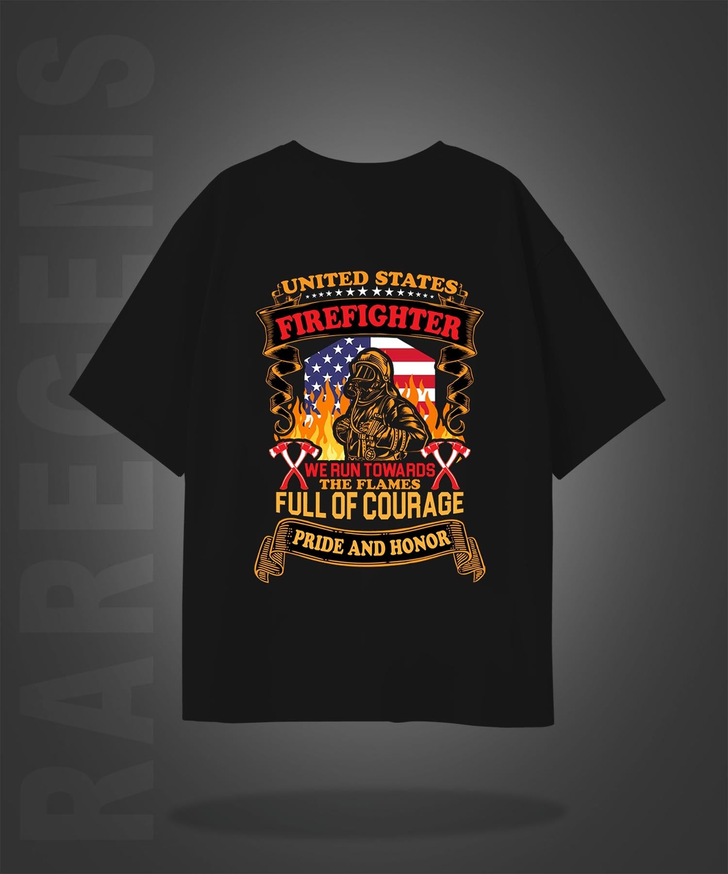 Black Half Sleeve Round Neck Firefighter Printed Oversized T-Shirt