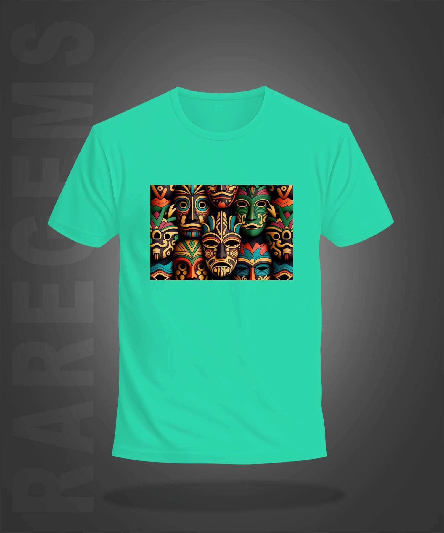 Mint Green Half Sleeve Round Neck Colorful Tribal Mask Printed Regular T-Shirt