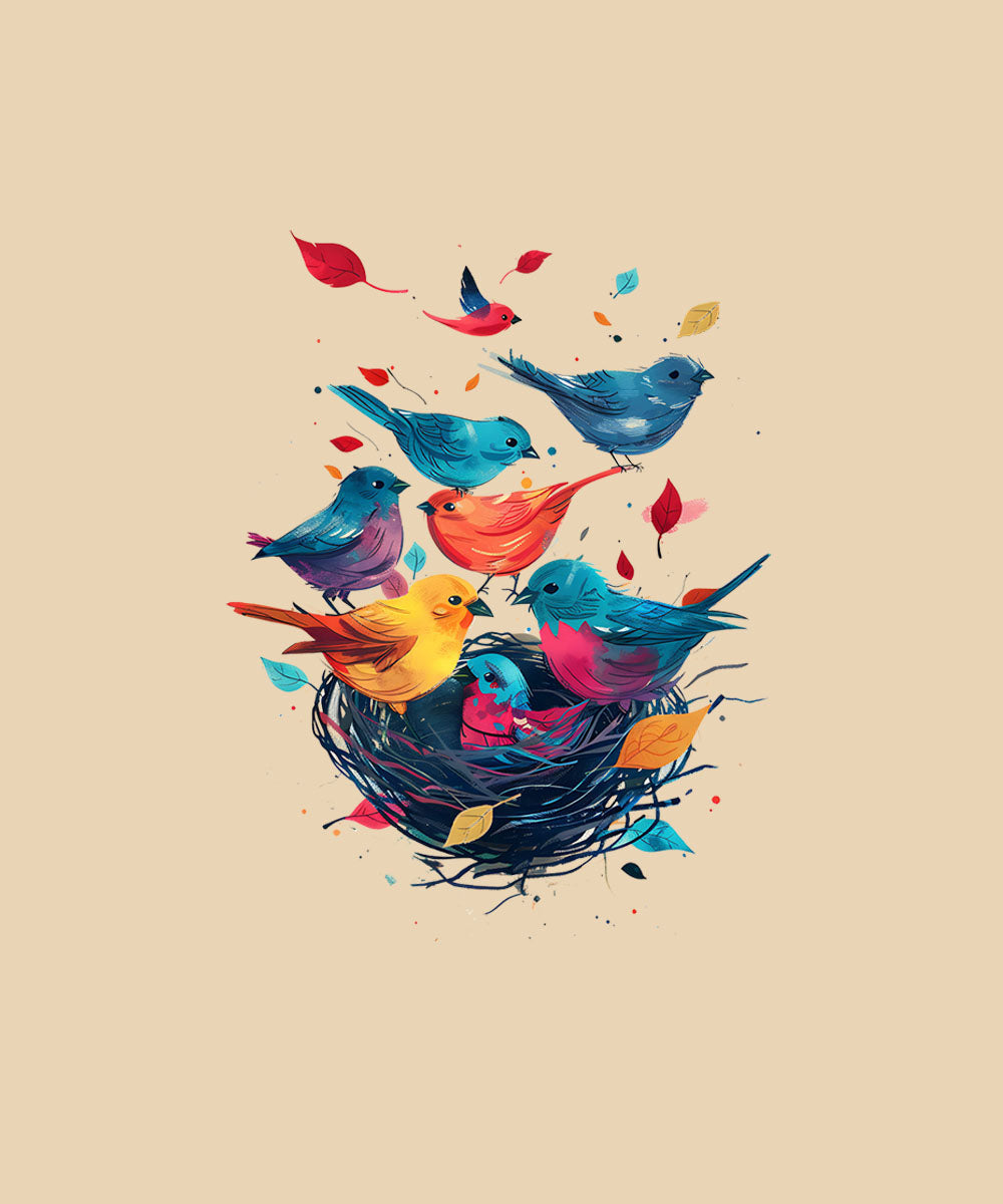 Beige Half Sleeve Round Neck Colorful Bird And Nest Printed Regular T-Shirt