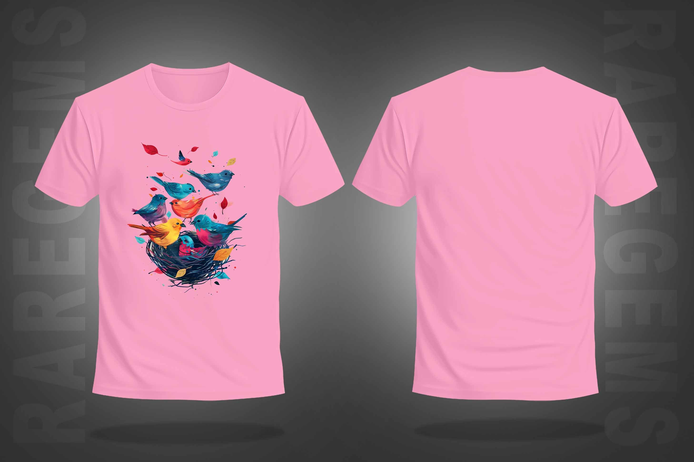 Pink Half Sleeve Round Neck Colorful Bird And Nest Printed Regular T-Shirt