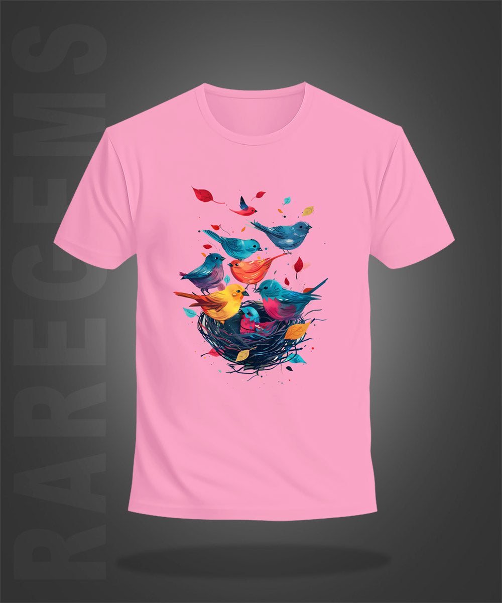Pink Half Sleeve Round Neck Colorful Bird And Nest Printed Regular T-Shirt