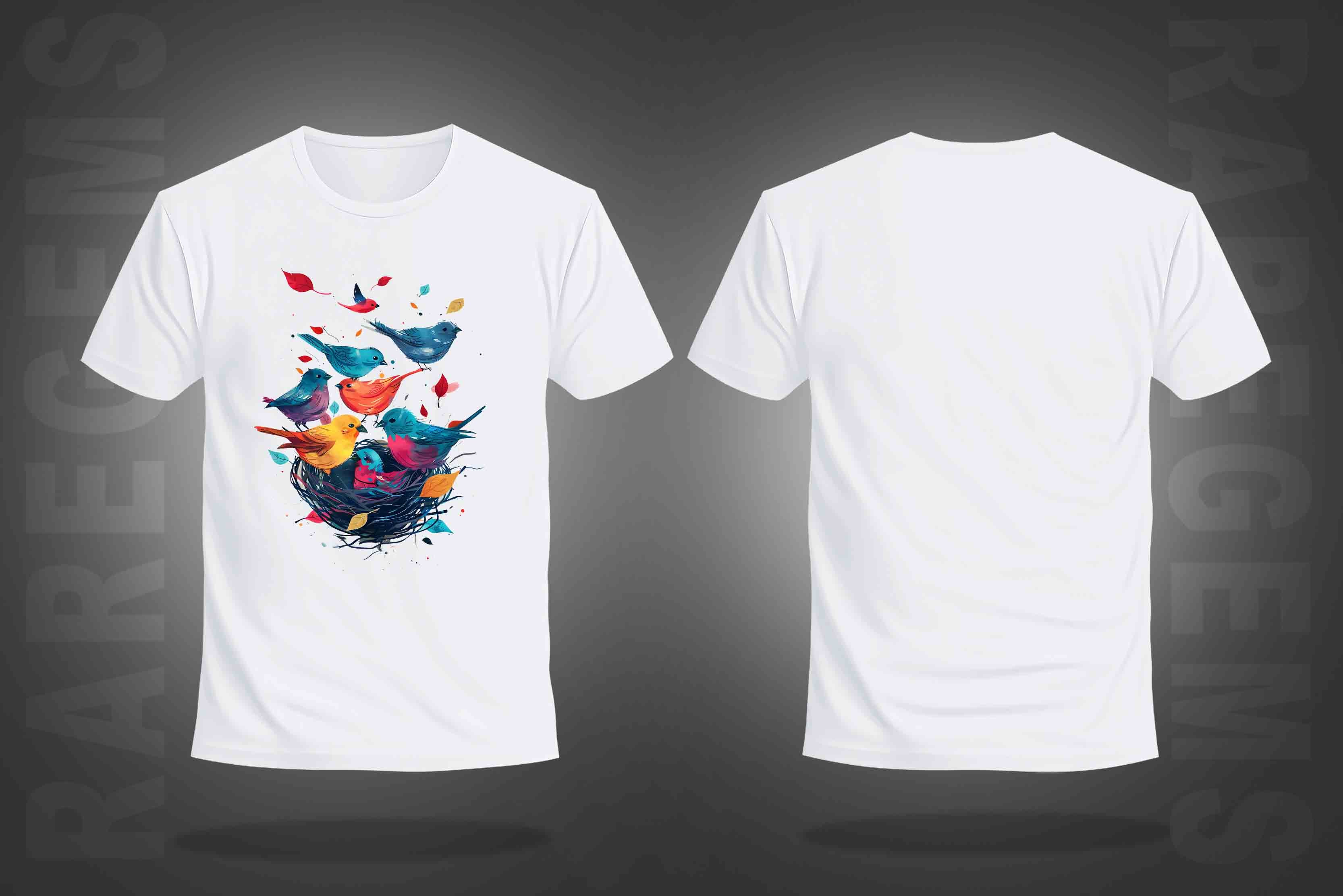 White Half Sleeve Round Neck Colorful Bird And Nest Printed Regular T-Shirt