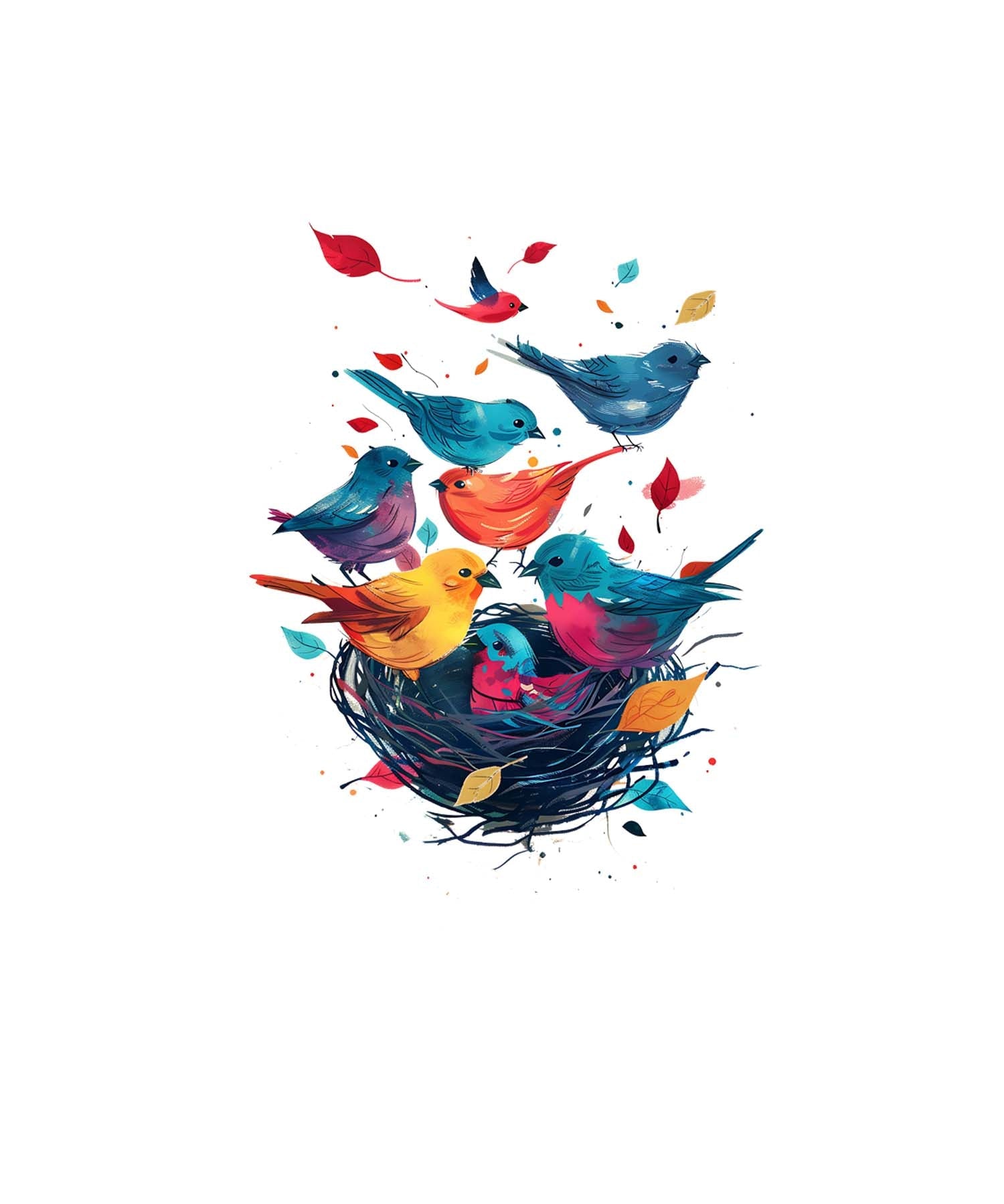 White Half Sleeve Round Neck Colorful Bird And Nest Printed Regular T-Shirt