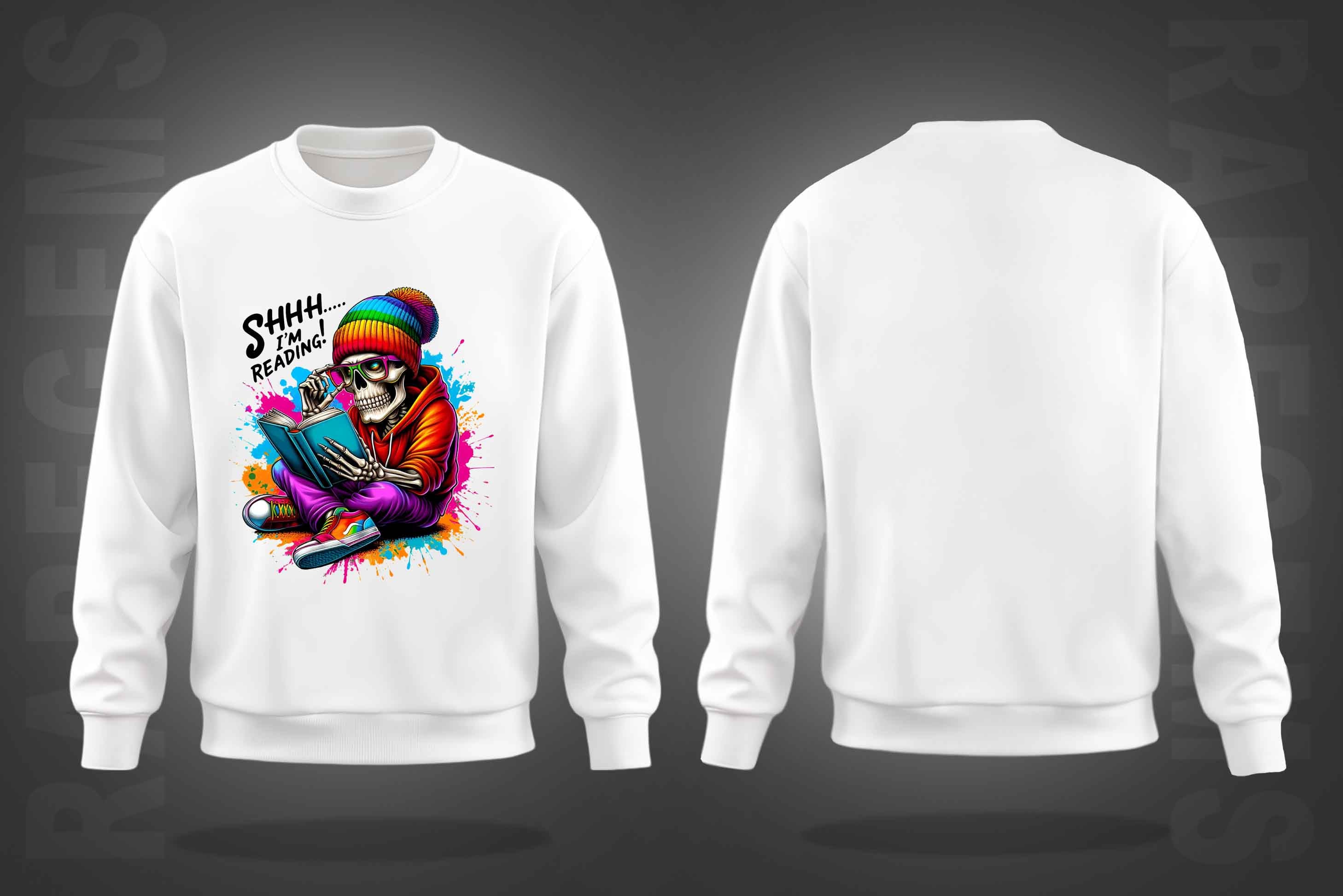 White Round Neck Skeleton Reader Printed Sweatshirt