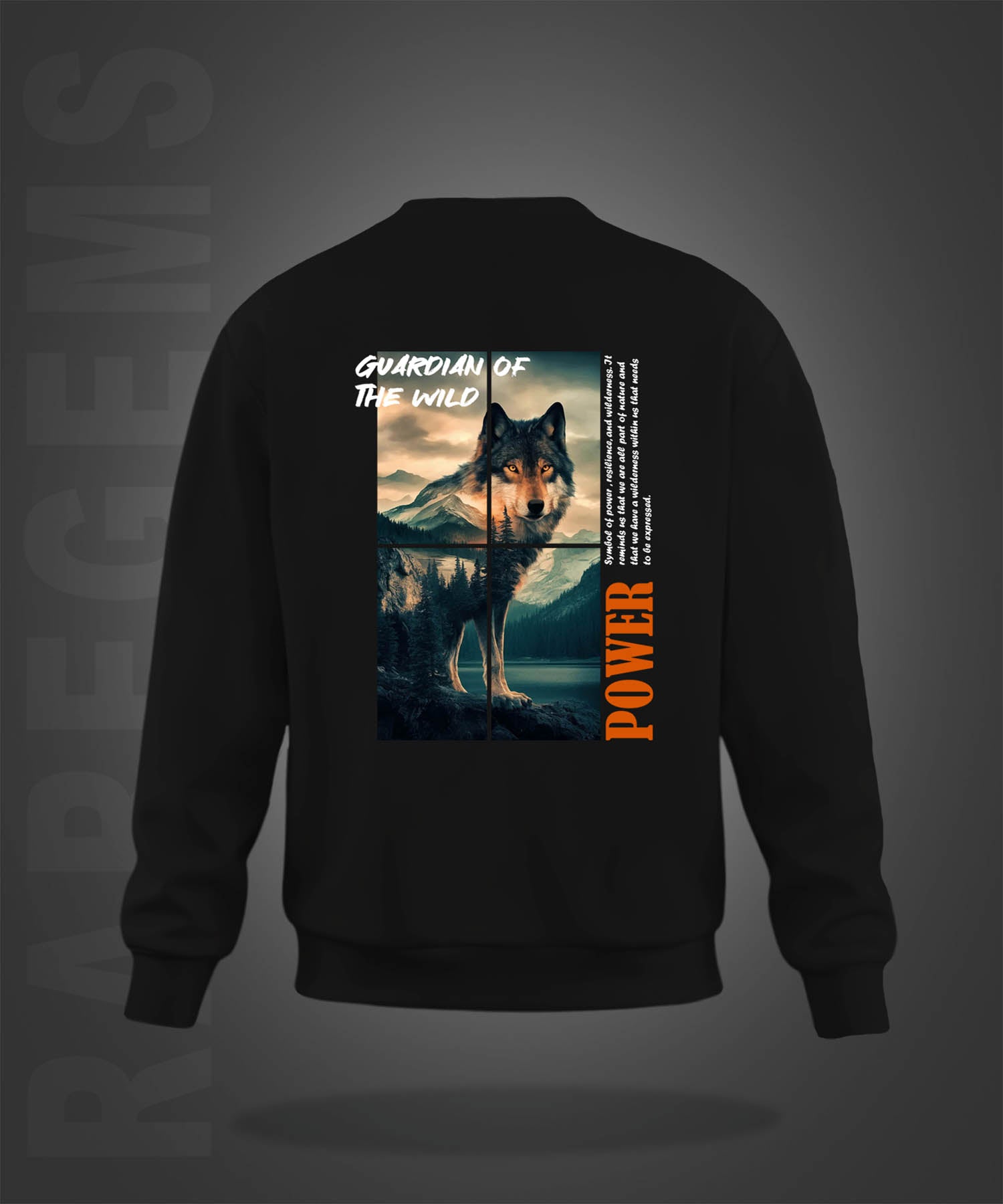 Black Round Neck Guardian Of Wild Wolf Printed Sweatshirt