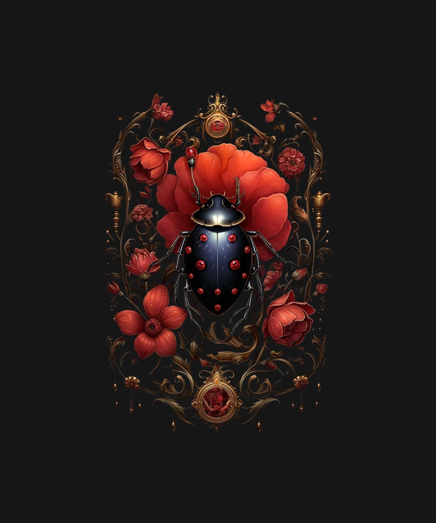 Black Half Sleeve Round Neck Beetle And Bloom Front And Back Printed Regular T-Shirt