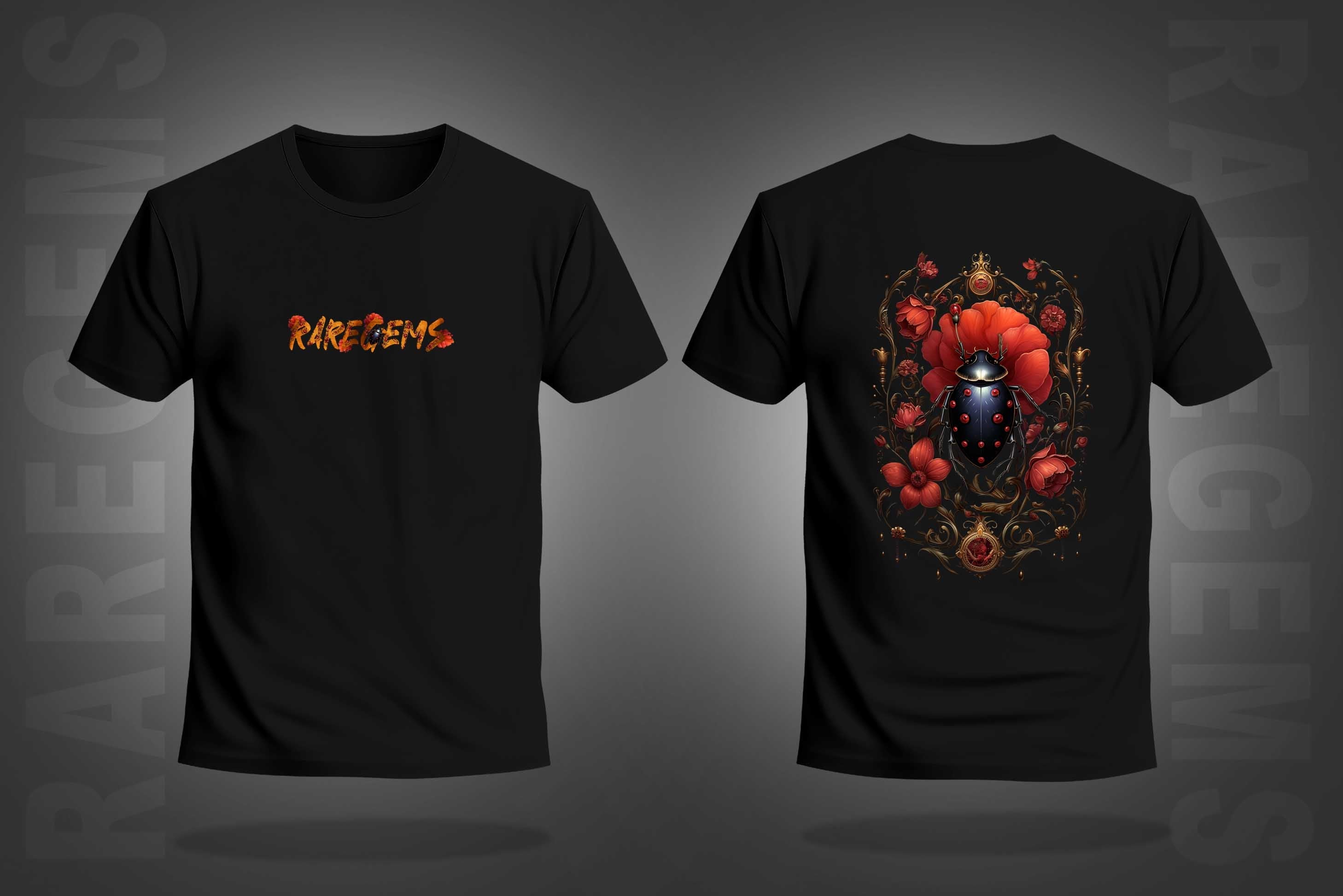 Black Half Sleeve Round Neck Beetle And Bloom Front And Back Printed Regular T-Shirt