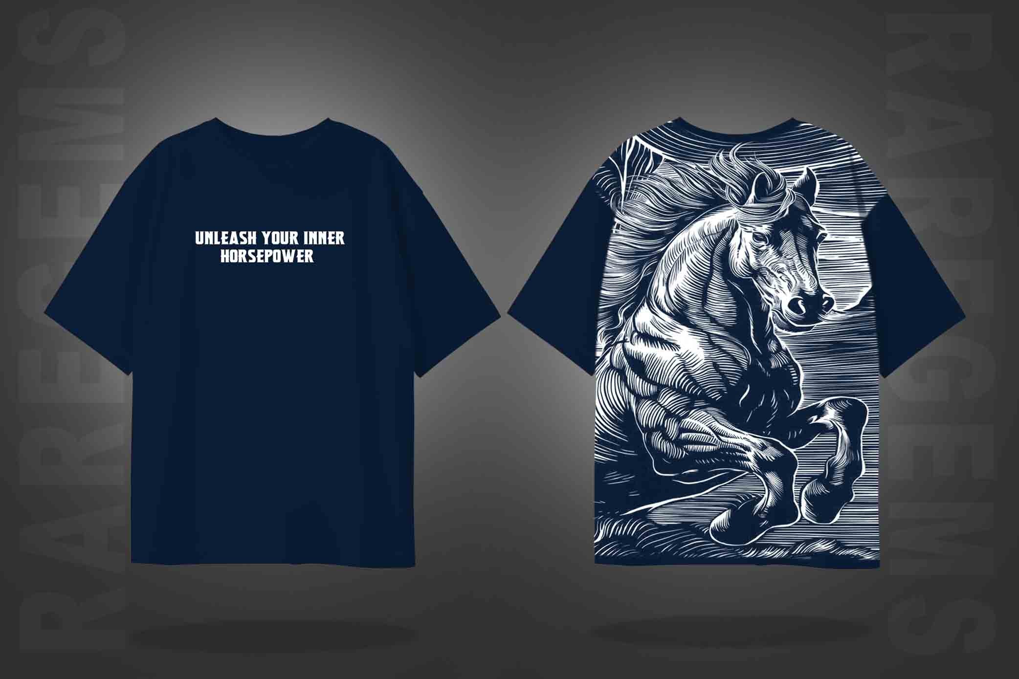 Navy Blue Half Sleeves Round Neck Powerful Horse Printed Oversized T-Shirt