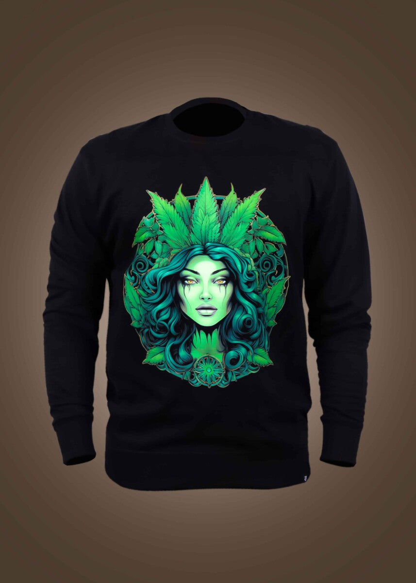 Black Round Neck Lady Surrounded By Green Leaves Printed Sweatshirt