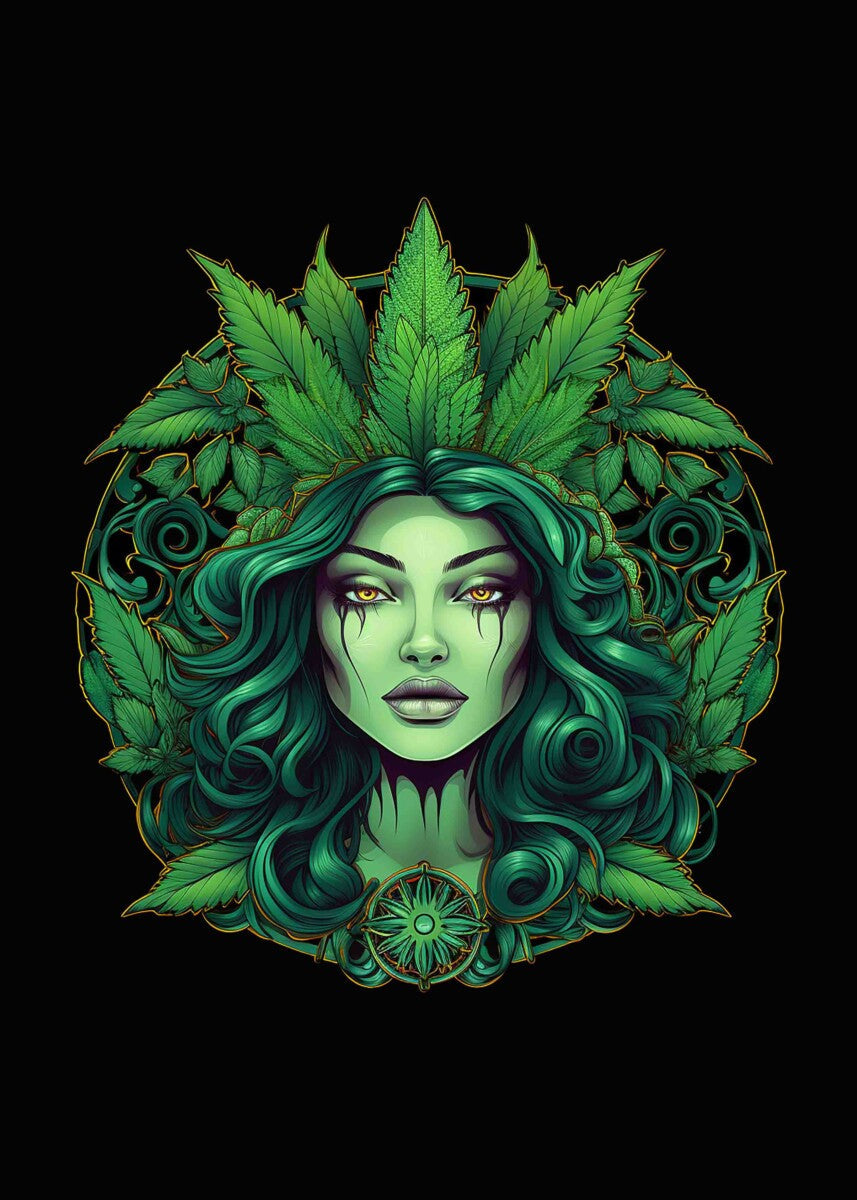 Black Round Neck Lady Surrounded By Green Leaves Printed Sweatshirt