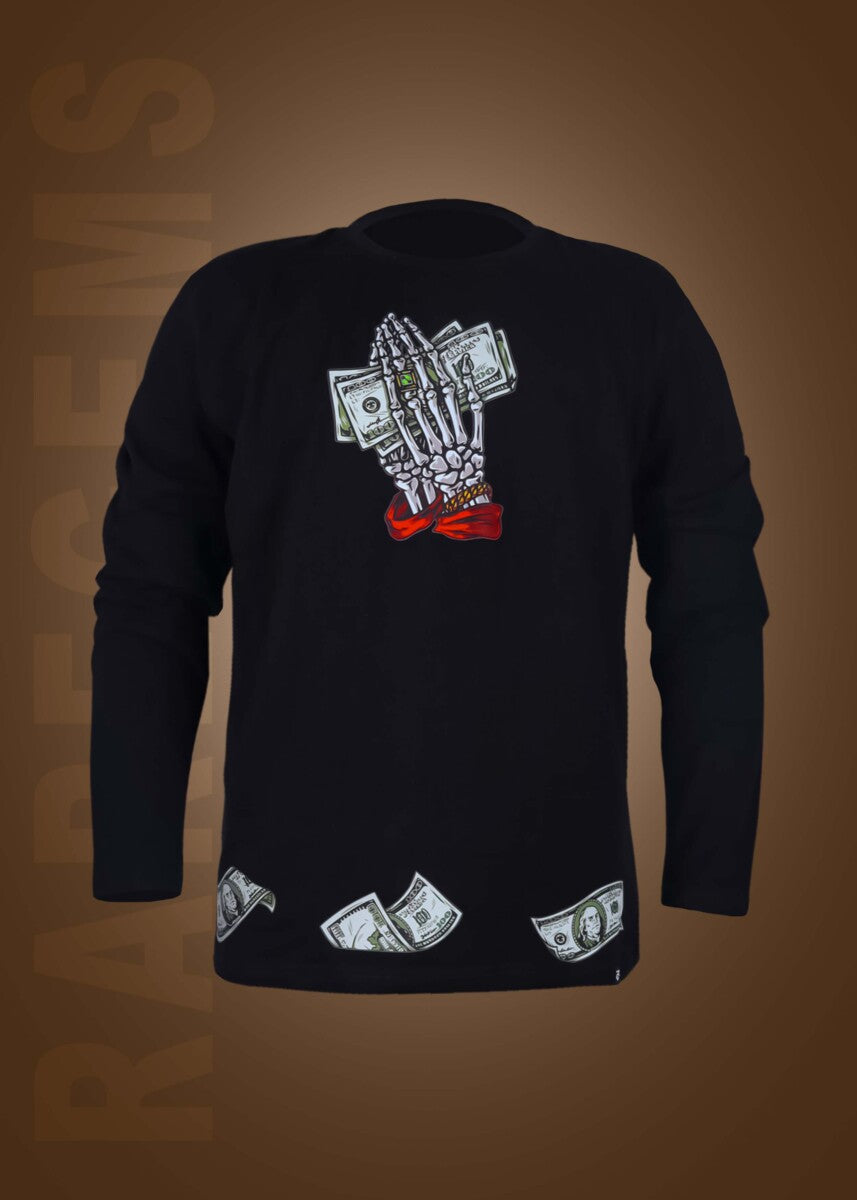 Black Round Neck Full Sleeves Dollars Printed T-Shirt