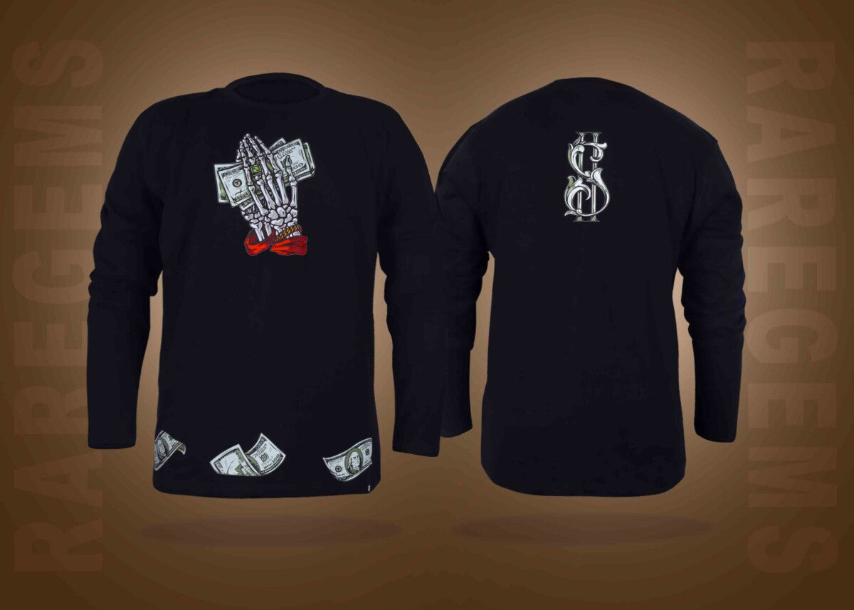 Black Round Neck Full Sleeves Dollars Printed T-Shirt
