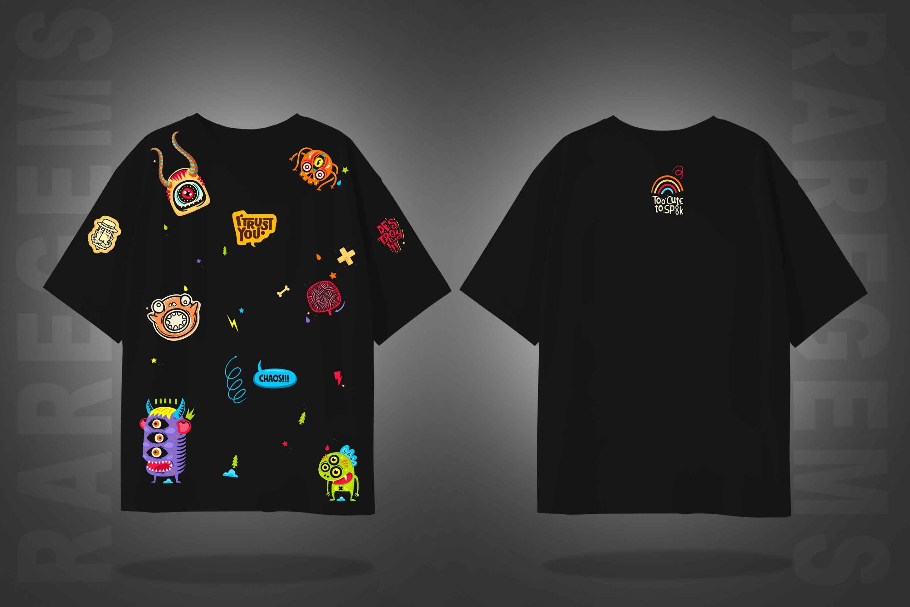 Black Half Sleeves Monster Faces I Trust You Printed Oversized T-Shirt