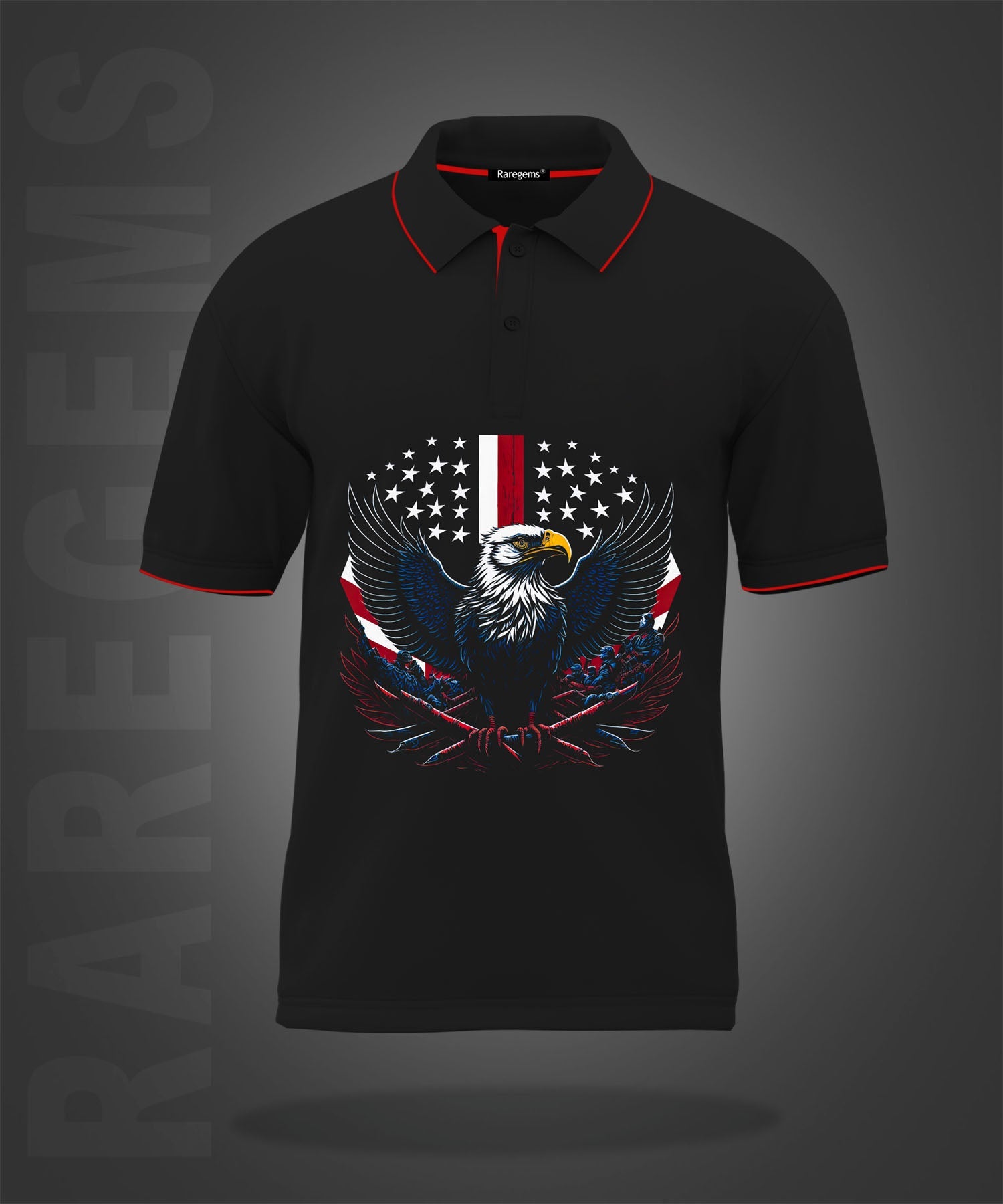 Black Eagle And American Flag Printed Polo T-Shirt
