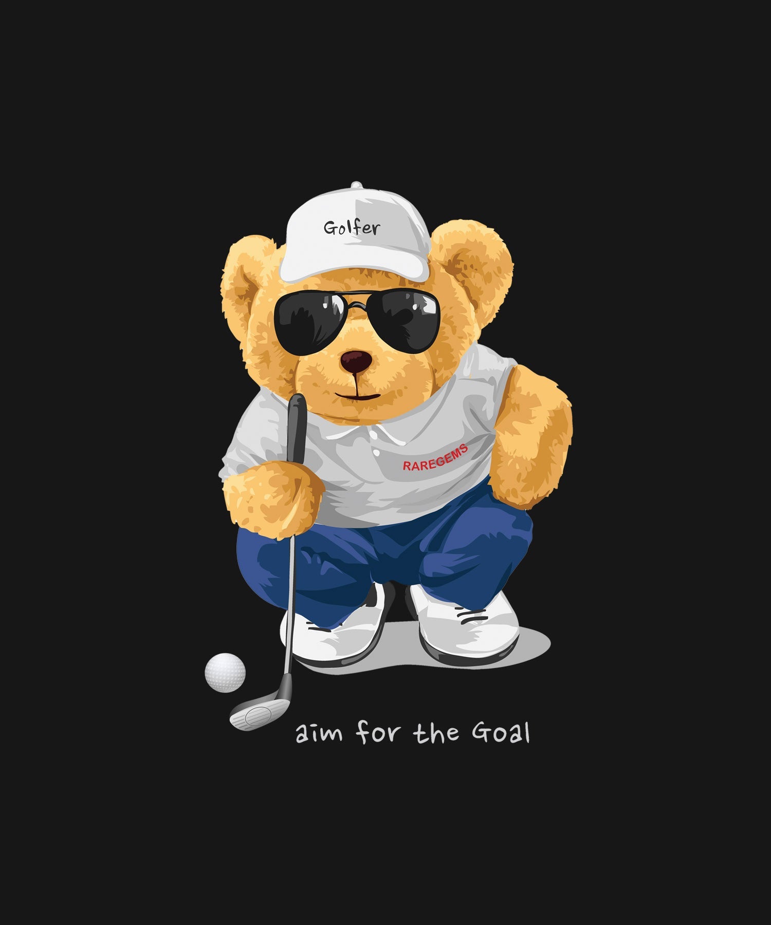 Black Cool Golfer Teddy Bear Printed Polo T-Shirt
