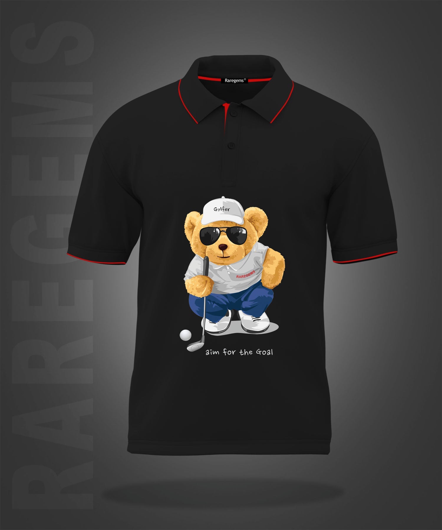 Black Cool Golfer Teddy Bear Printed Polo T-Shirt