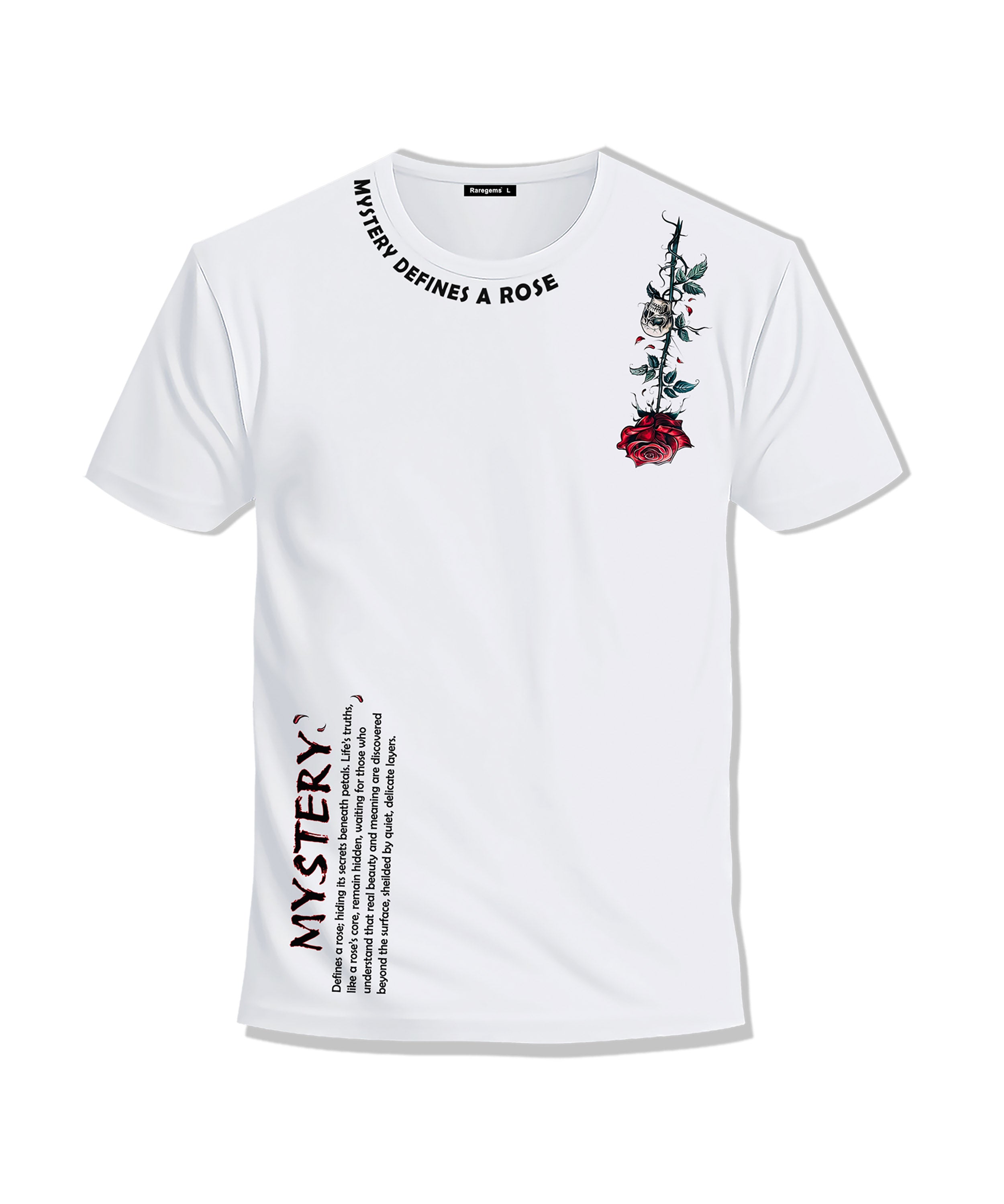White Half Sleeves Round Neck Mystery And Rose Printed Regular T-Shirt
