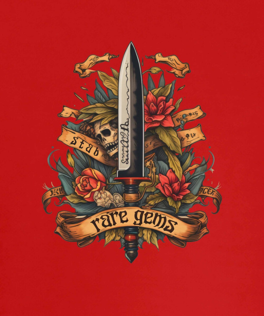 Red Half Sleeve Round Neck Sword With Skull And Roses Printed Oversized T-Shirt