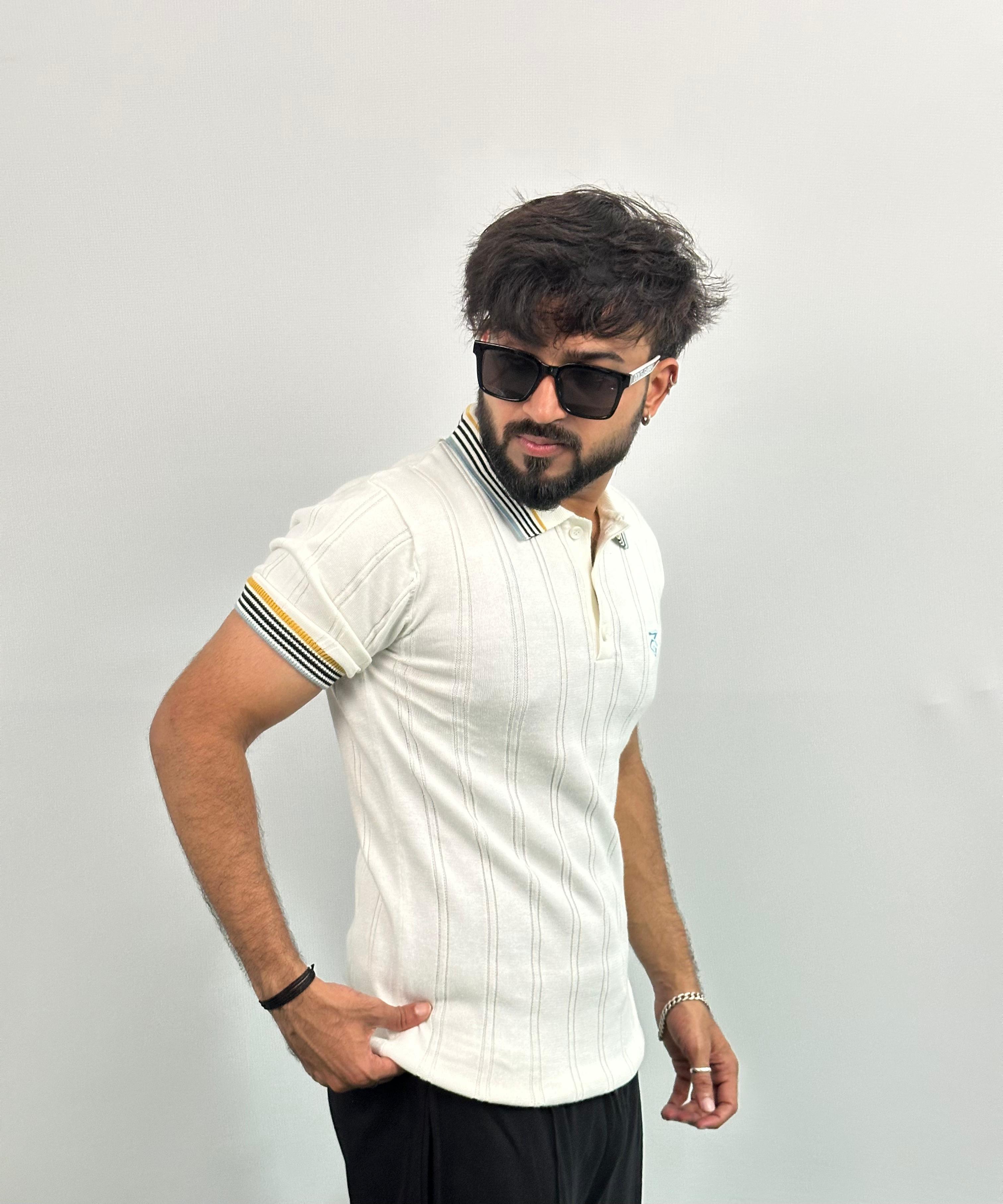 Off White Royal Stripe Old Money Embroidered Logo Polo T-Shirt