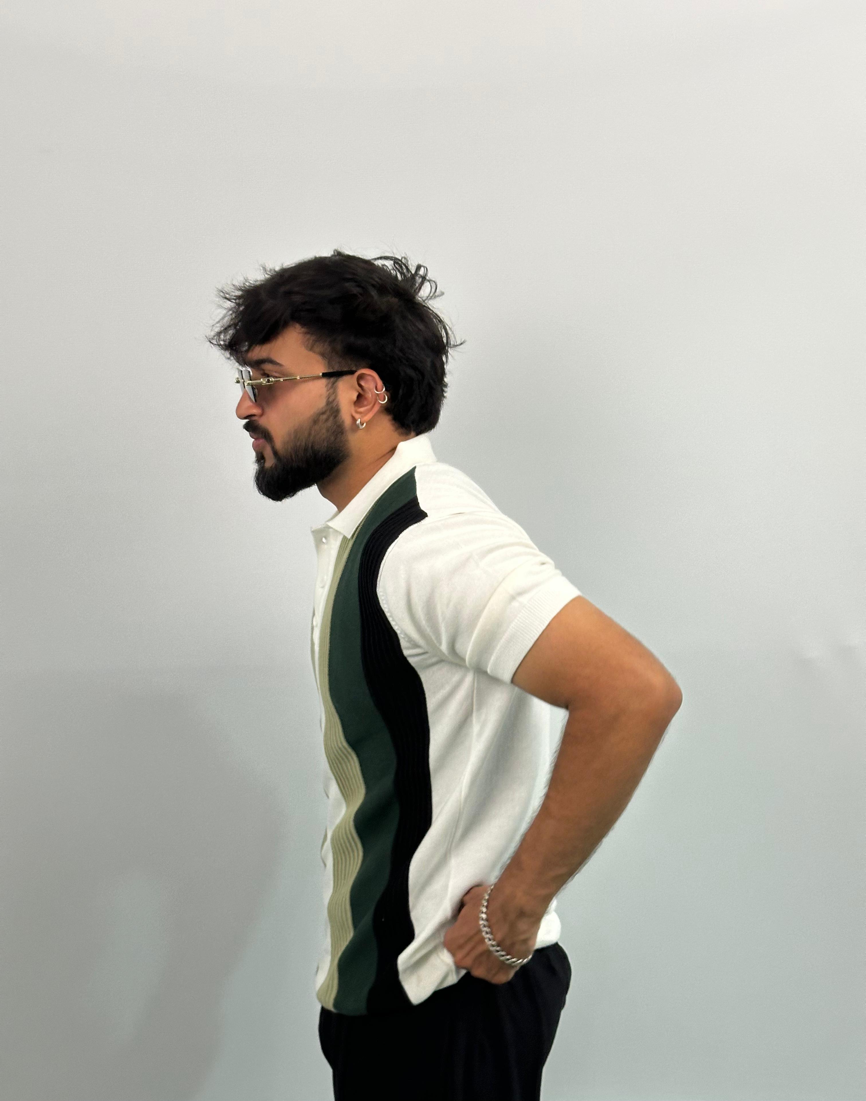 Black And Green Stripe White Knitted Polo T-Shirt