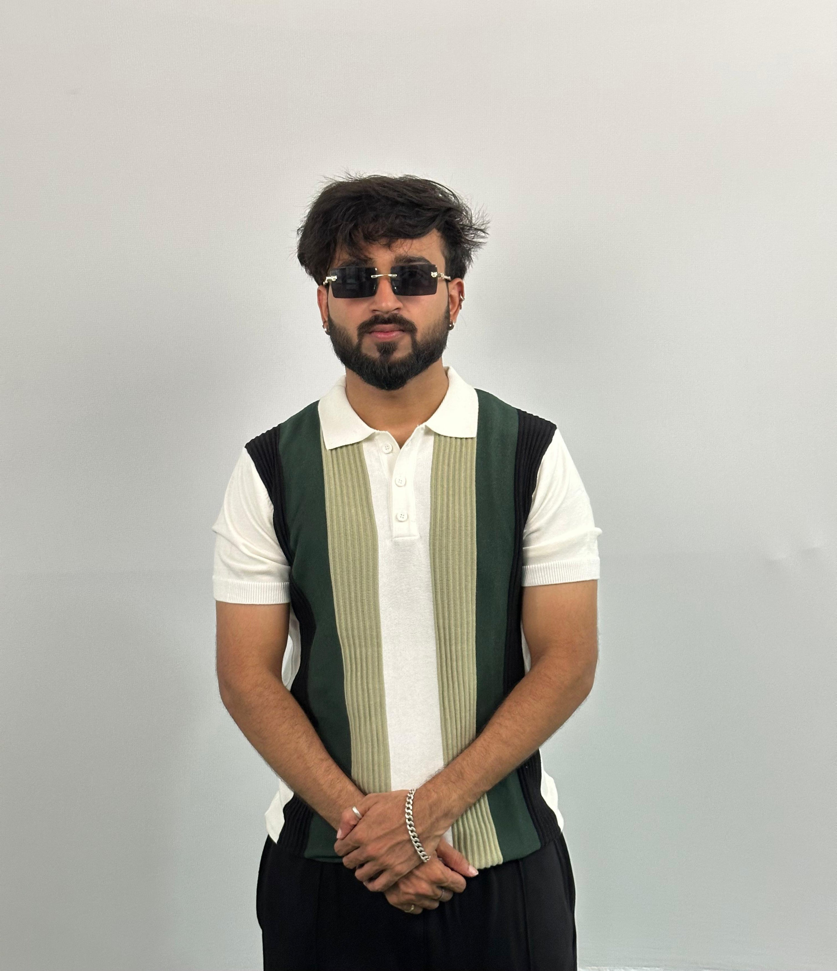 Black And Green Stripe White Knitted Polo T-Shirt