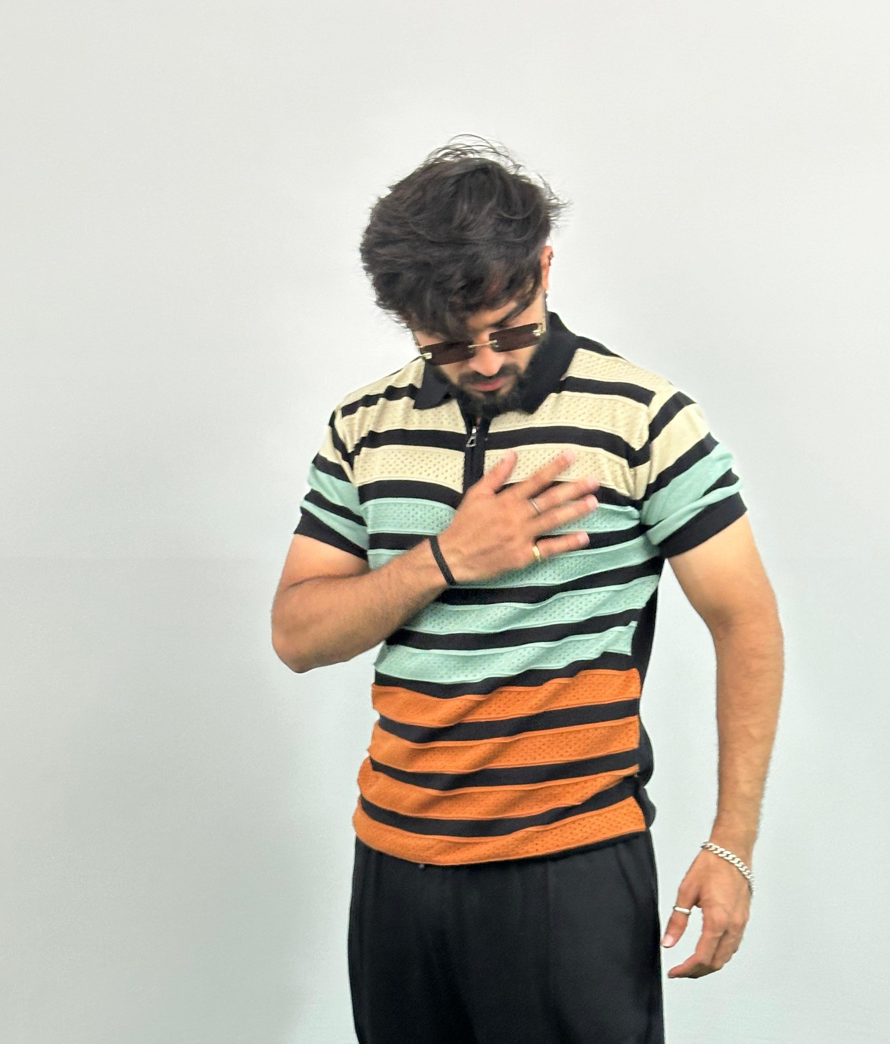 Black And Beige Stripe Knitted Polo T-Shirt
