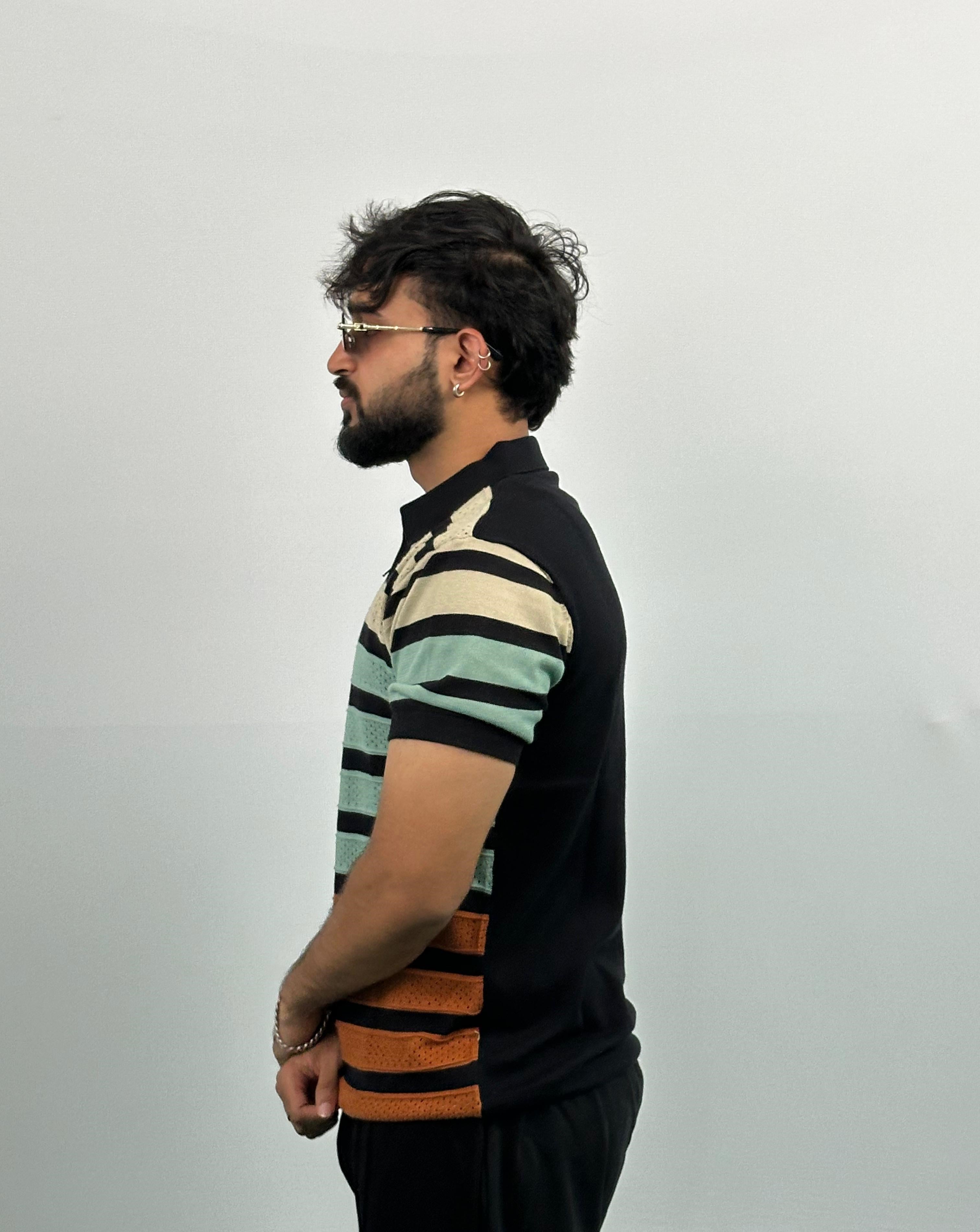 Black And Beige Stripe Knitted Polo T-Shirt