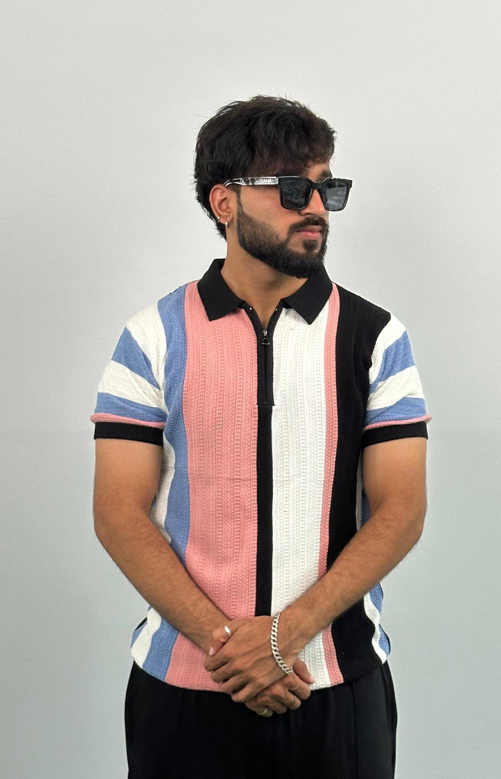 Black And White Stripe Knitted Polo T-Shirt