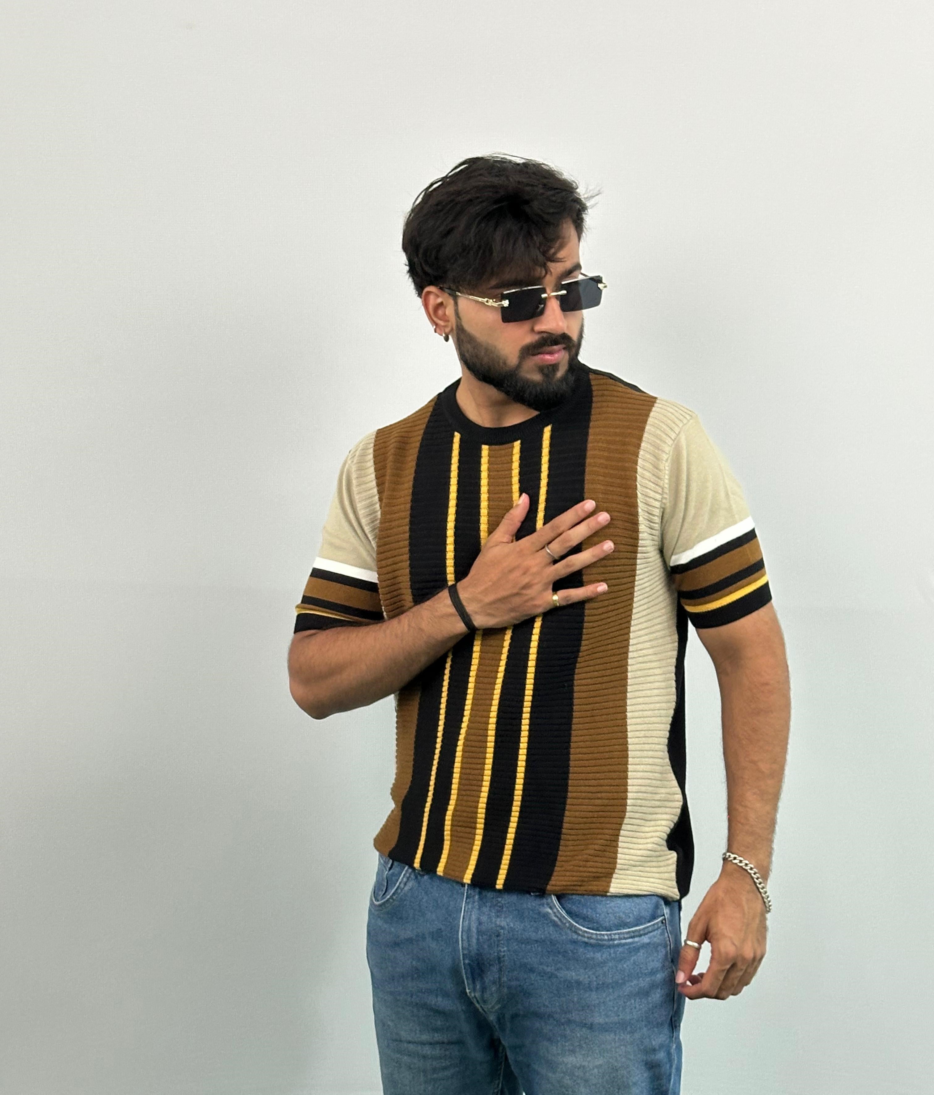 Black And Brown Stripe Knitted T-Shirt