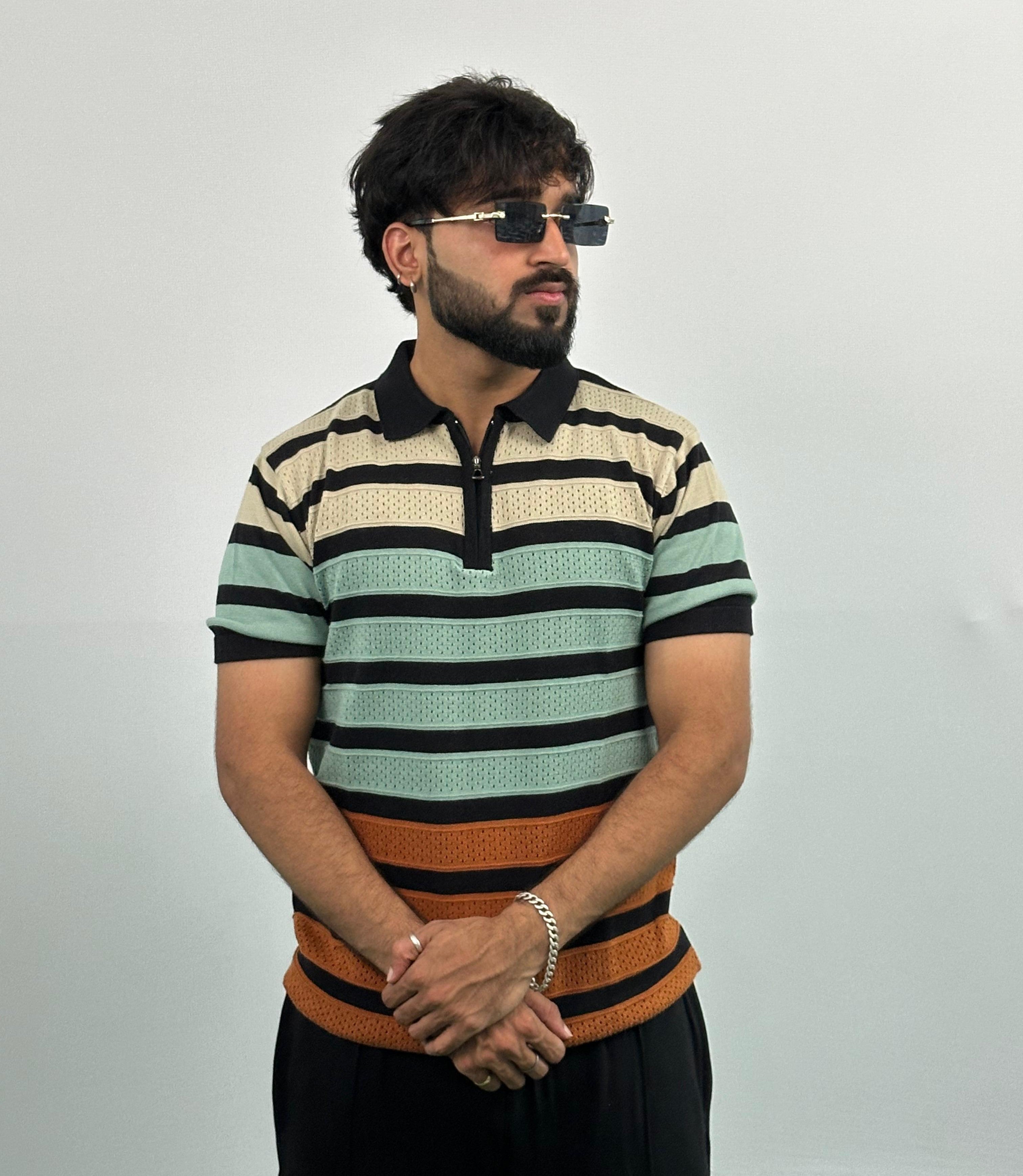 Black And Beige Stripe Knitted Polo T-Shirt