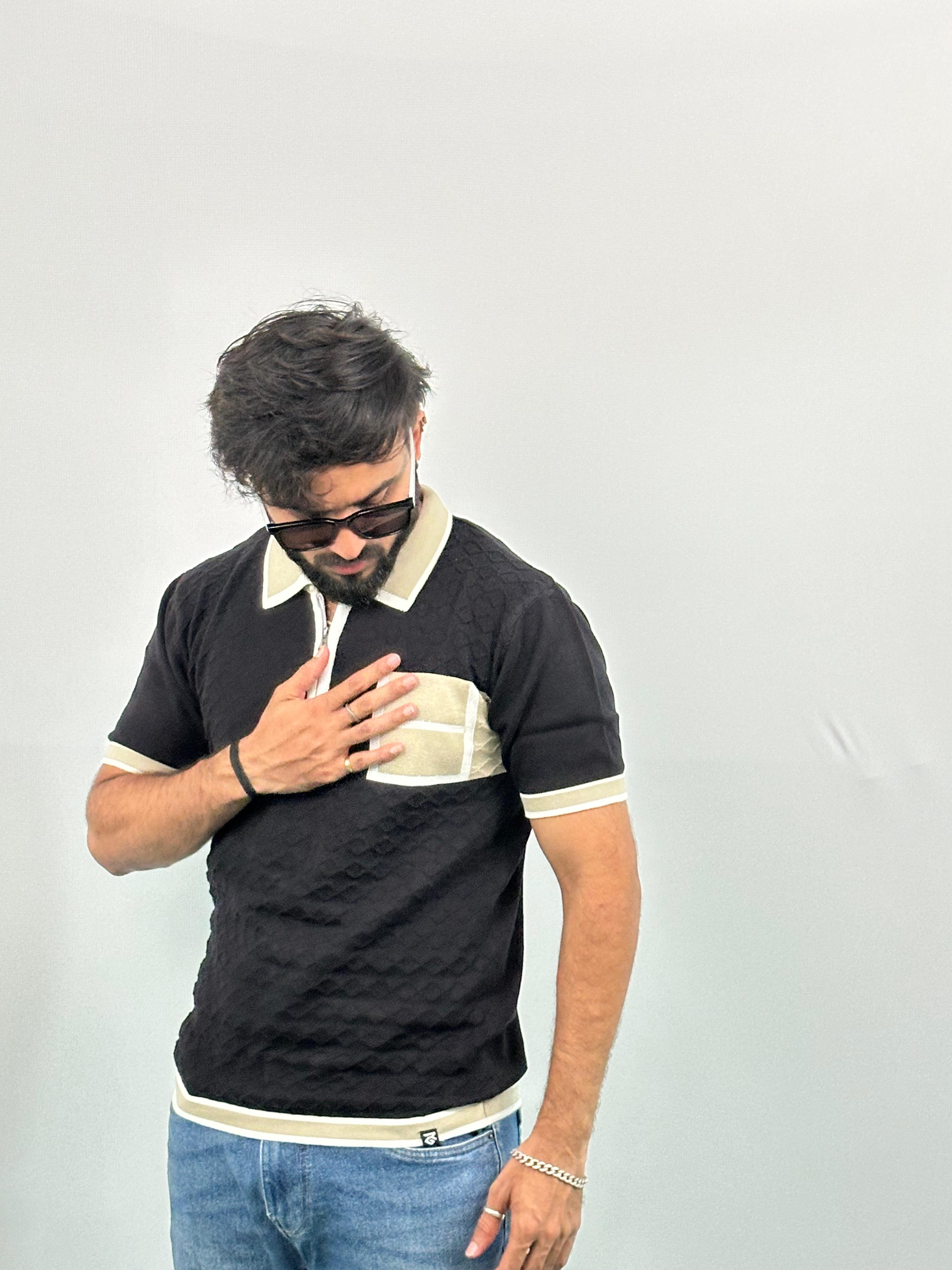 Black And Beige Knitted Polo T-Shirt