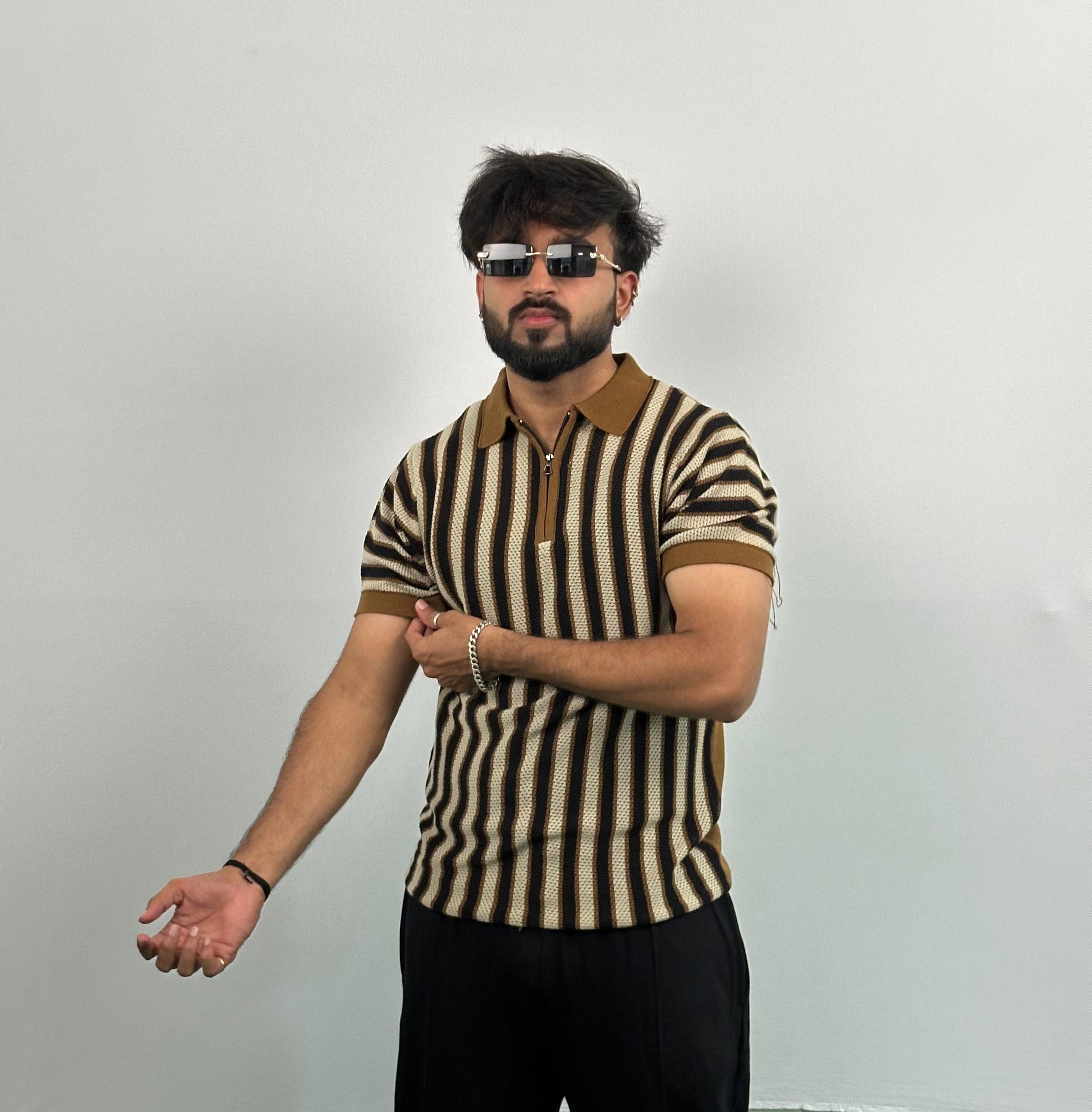 Brown And Black Stripe Knitted Polo T-Shirt