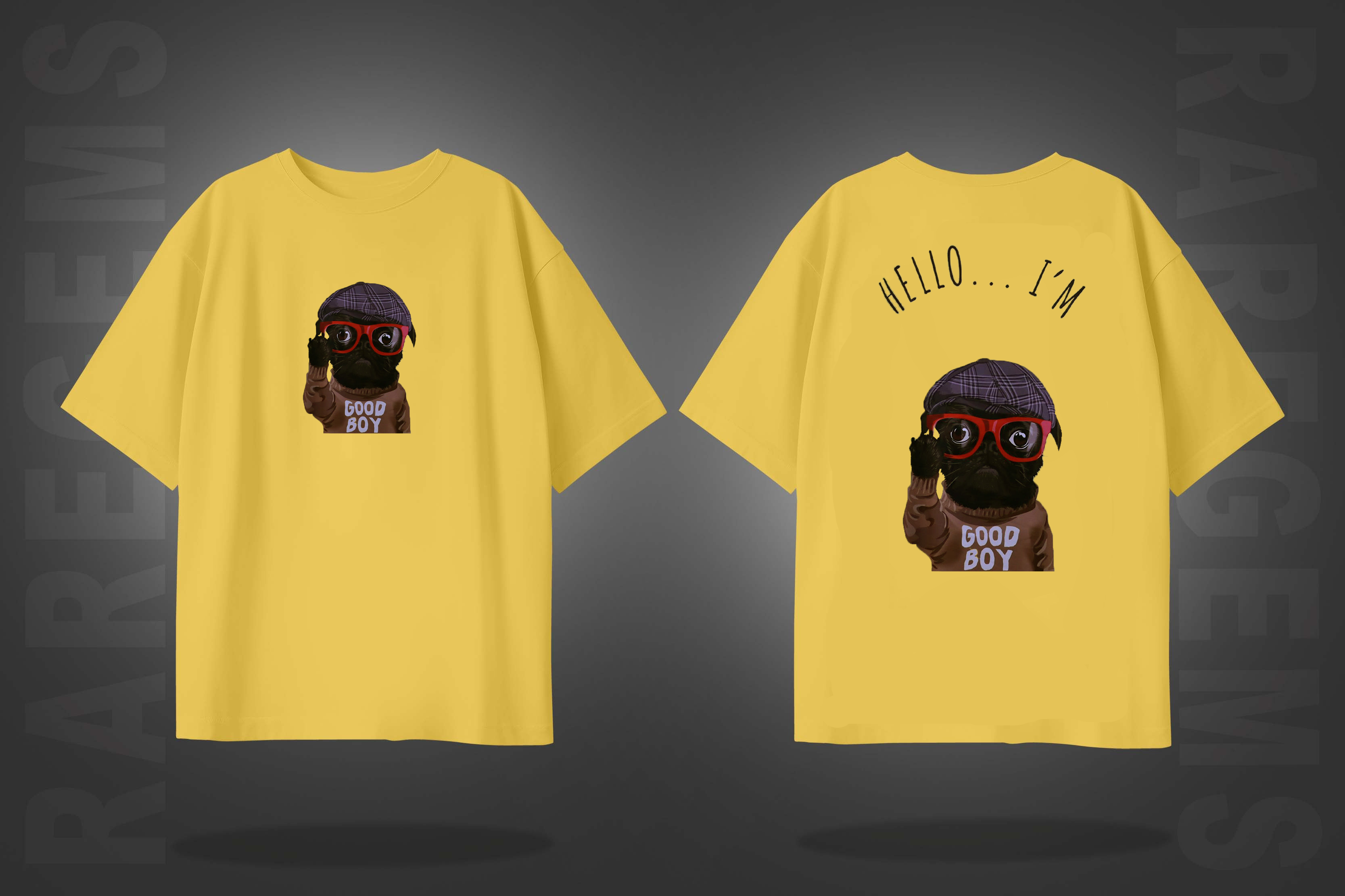 Yellow Half Sleeves Dog With Hat And Glasses Printed Oversized T-Shirt