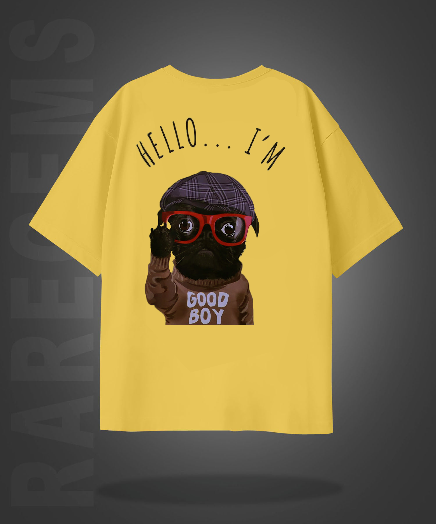 Yellow Half Sleeves Dog With Hat And Glasses Printed Oversized T-Shirt