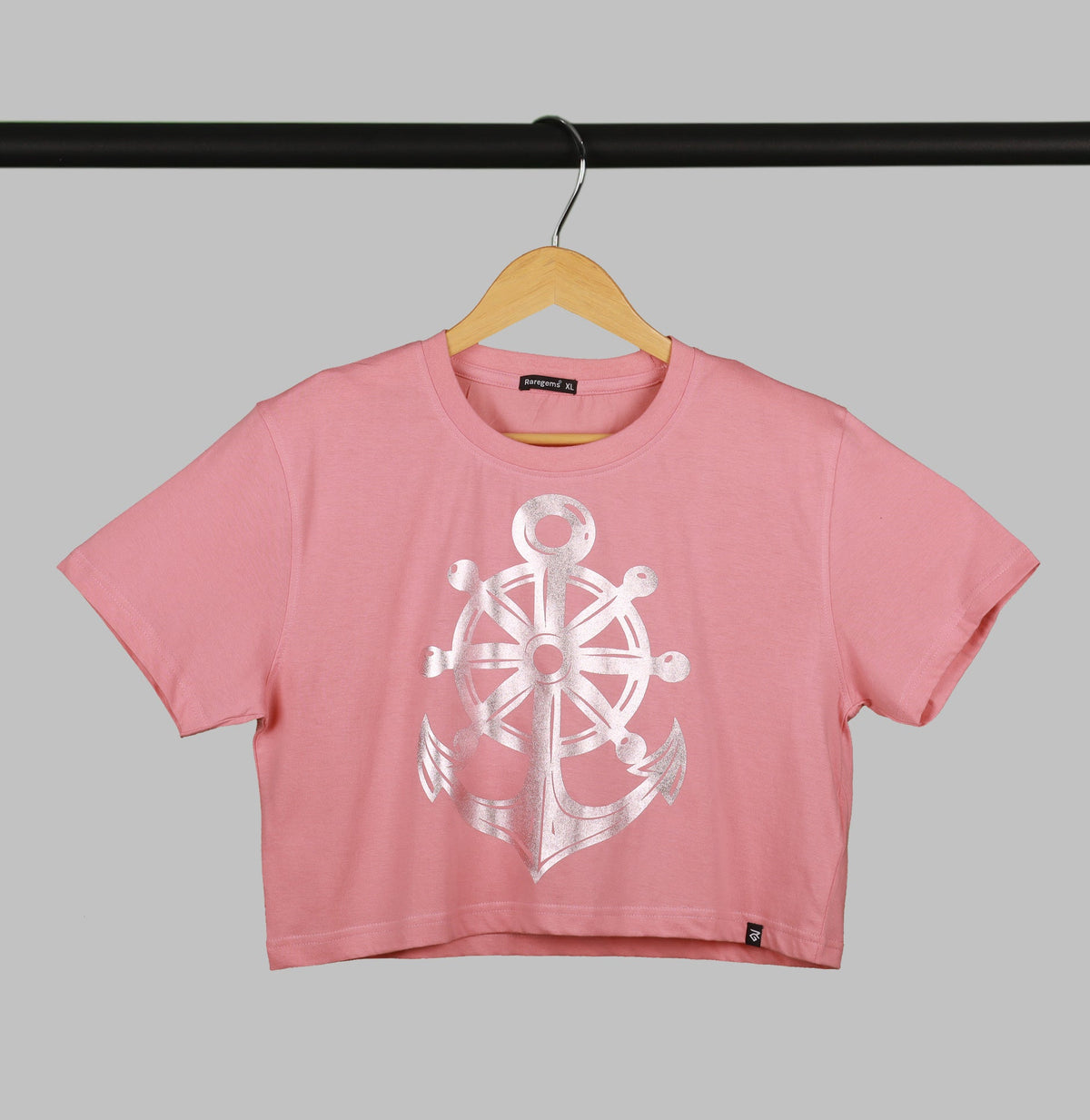 Peach Half Sleeve Rose Gold Anchor Printed Women's Regular Crop Top