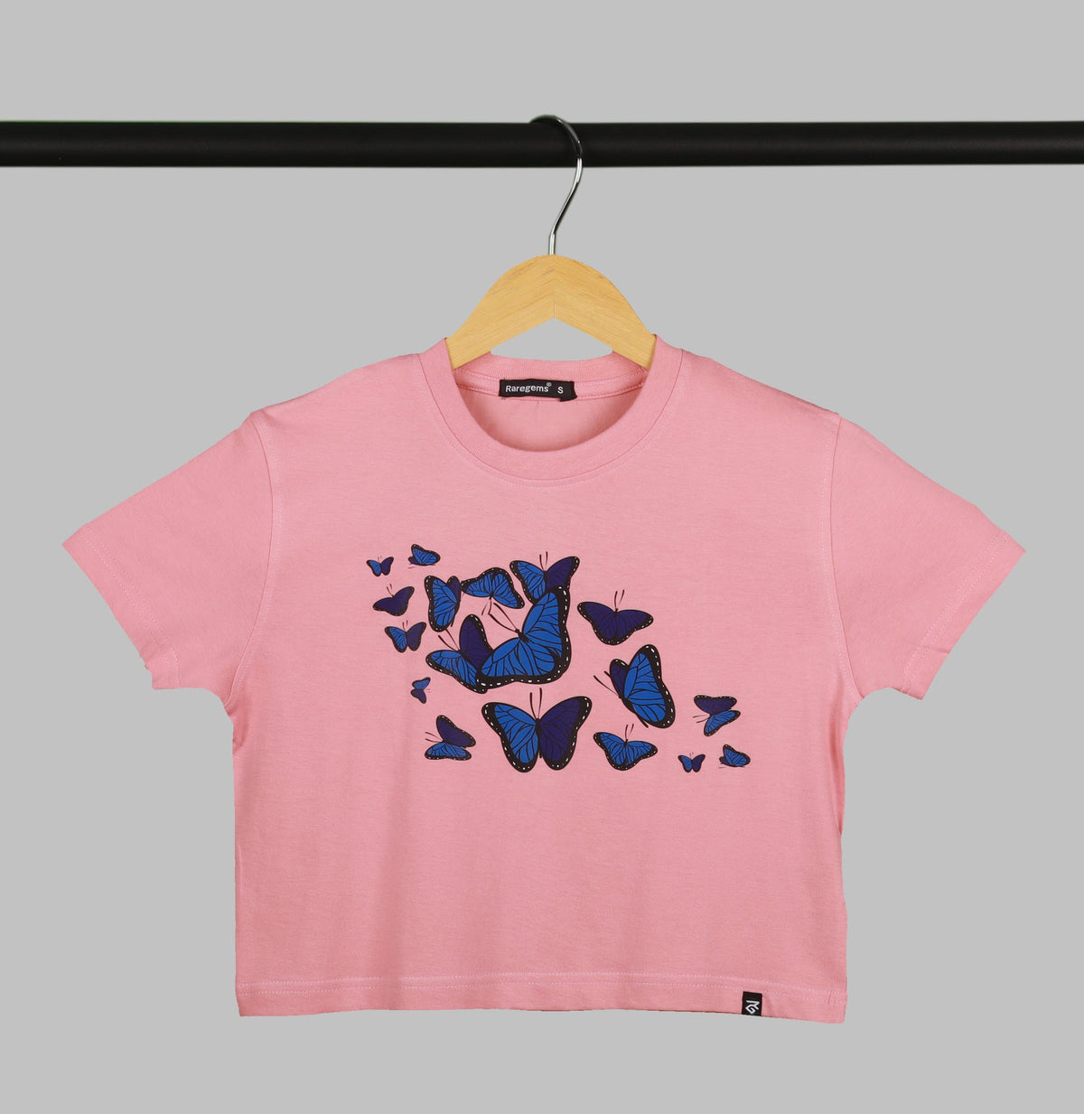 Peach Half Sleeve Blue Butterflies Printed Women's Regular Crop Top