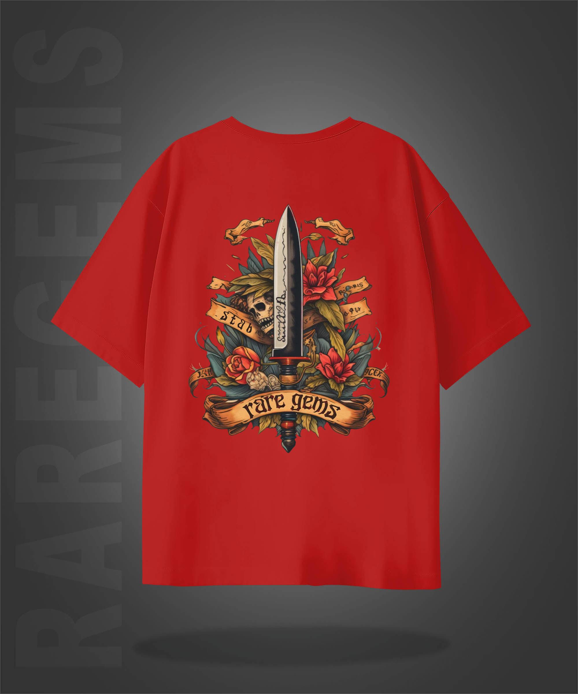 Red Half Sleeve Round Neck Sword With Skull And Roses Printed Oversized T-Shirt