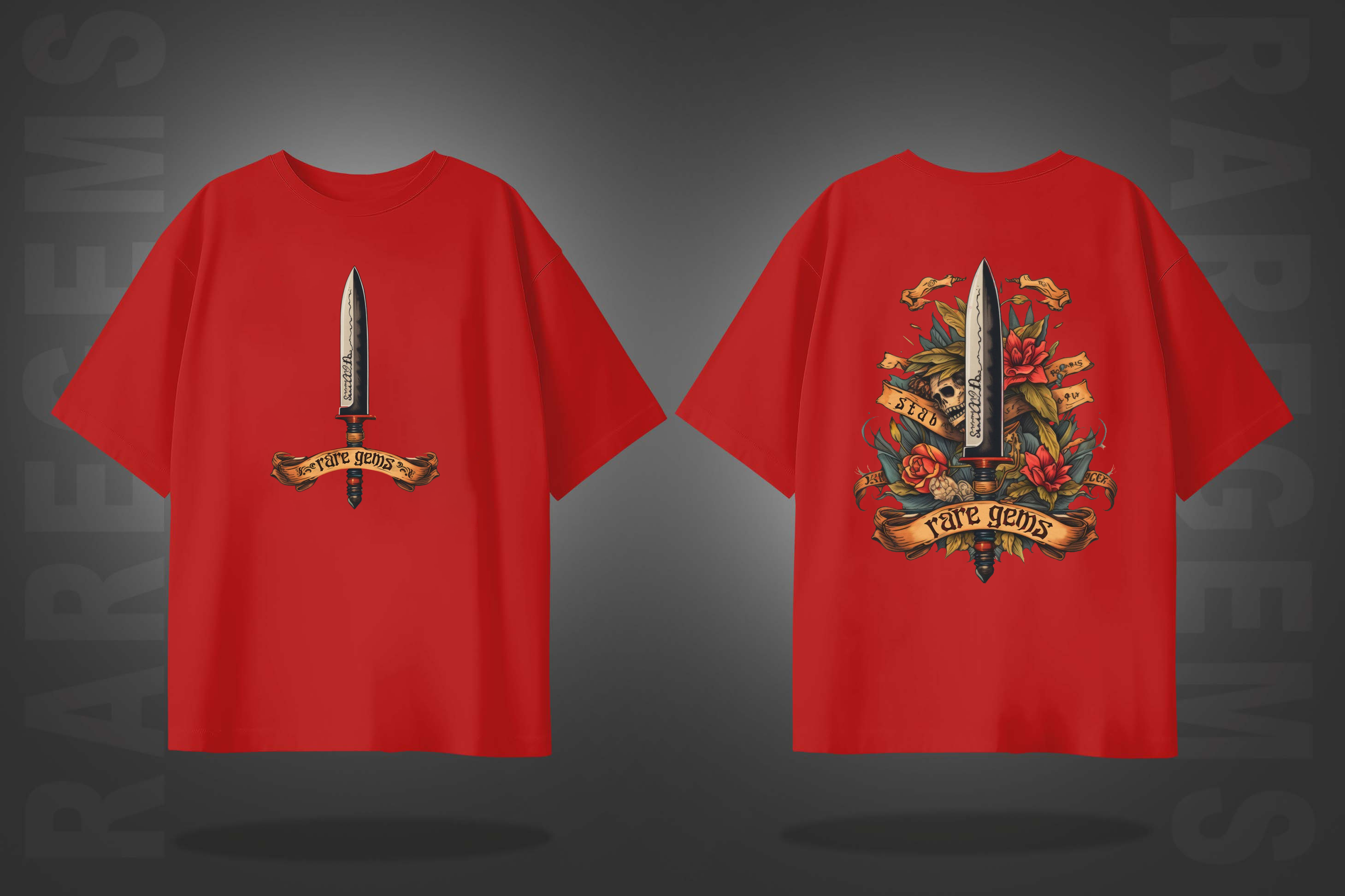 Red Half Sleeve Round Neck Sword With Skull And Roses Printed Oversized T-Shirt