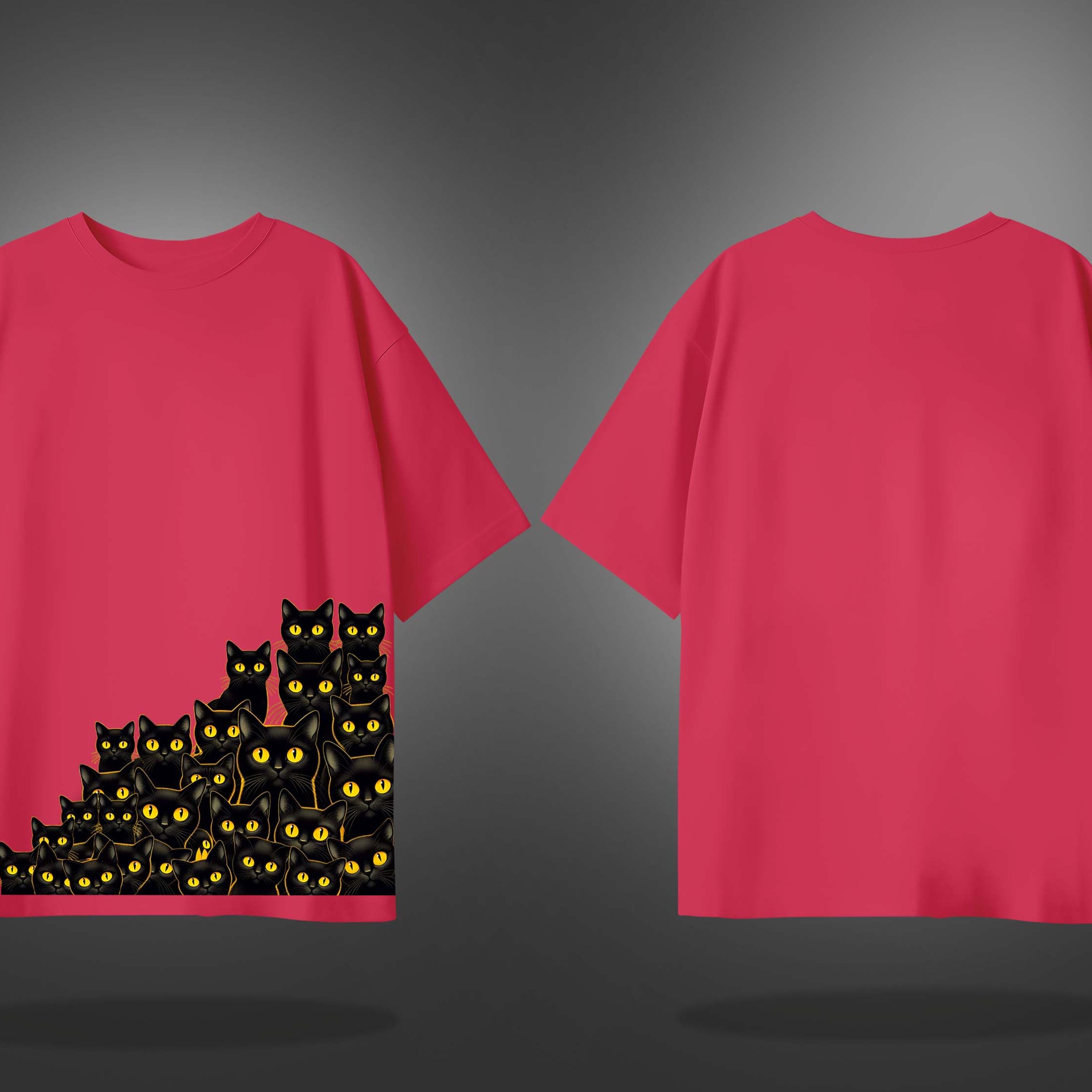 Imperial Red Half Sleeves Black Cats Printed Oversized T-Shirt