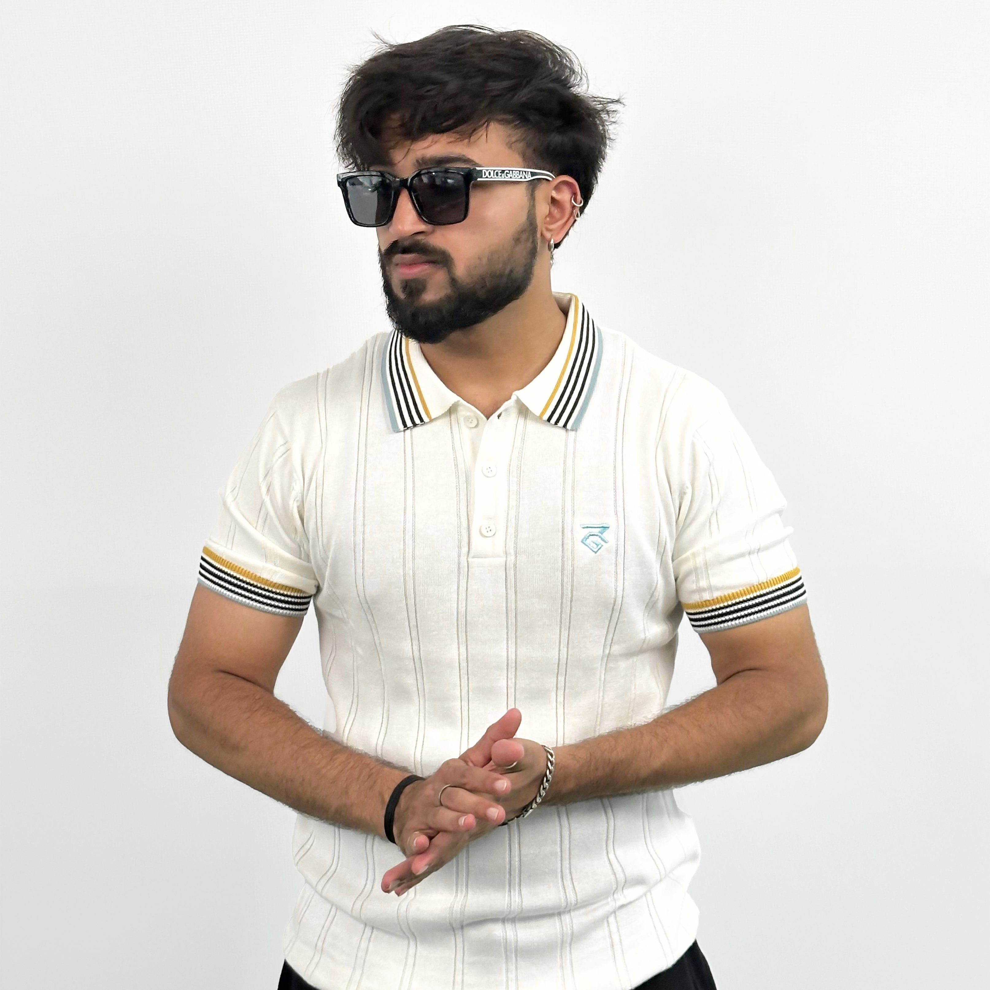 Off White Royal Stripe Old Money Embroidered Logo Polo T-Shirt