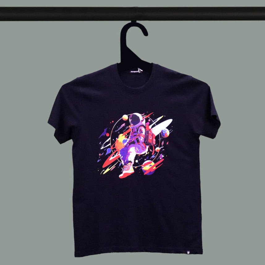 Black Half Sleeve Round Neck Astronaut Colorful Painting Printed Regular T-Shirt