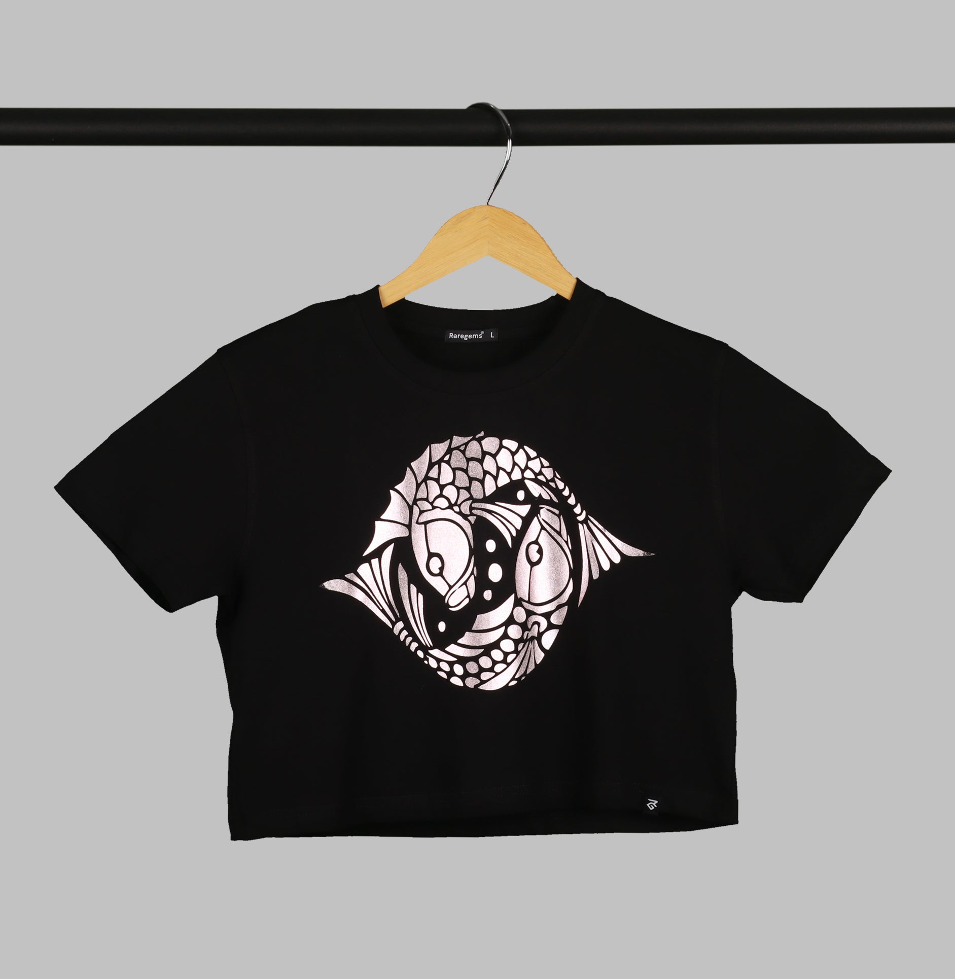 Black Half Sleeve Rose Gold Pair Of Fish Printed Women's Regular Crop Top