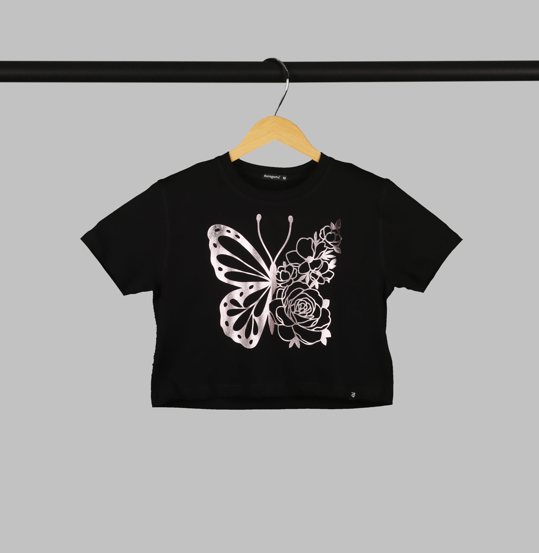 Black Half Sleeve Rose Gold Floral Butterfly Printed Women's Regular Crop Top