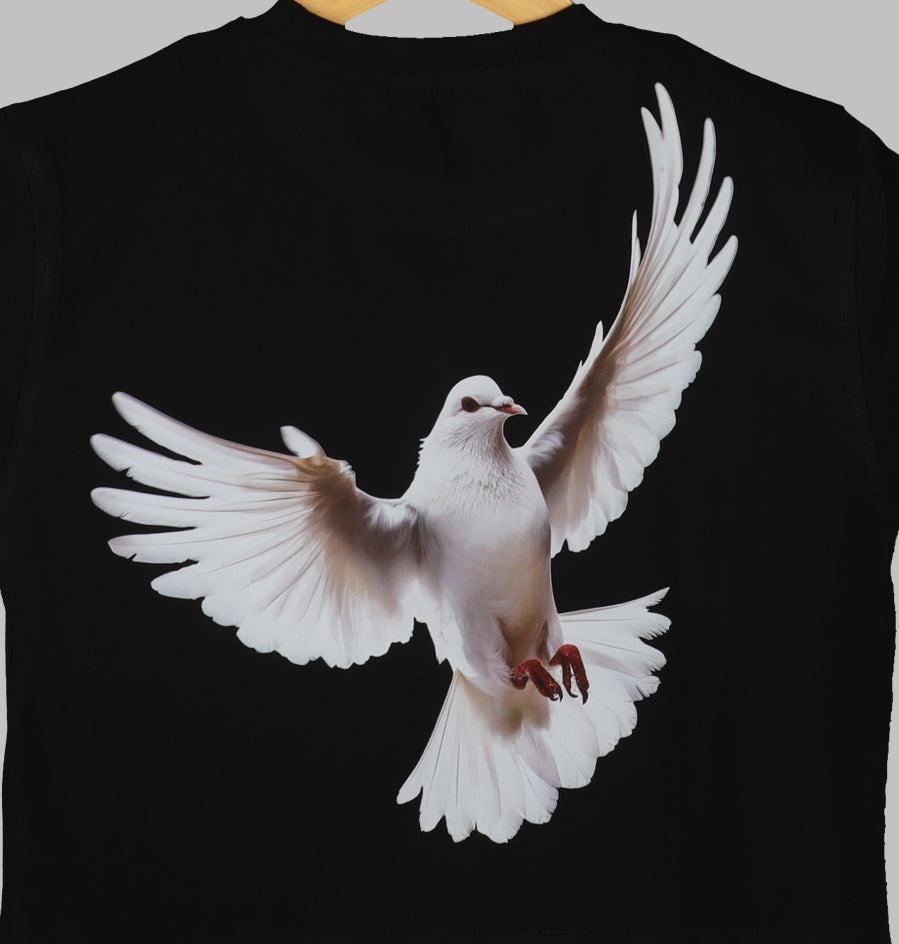 Black Half Sleeve Dove Love And Peace Printed Women's Regular Crop Top