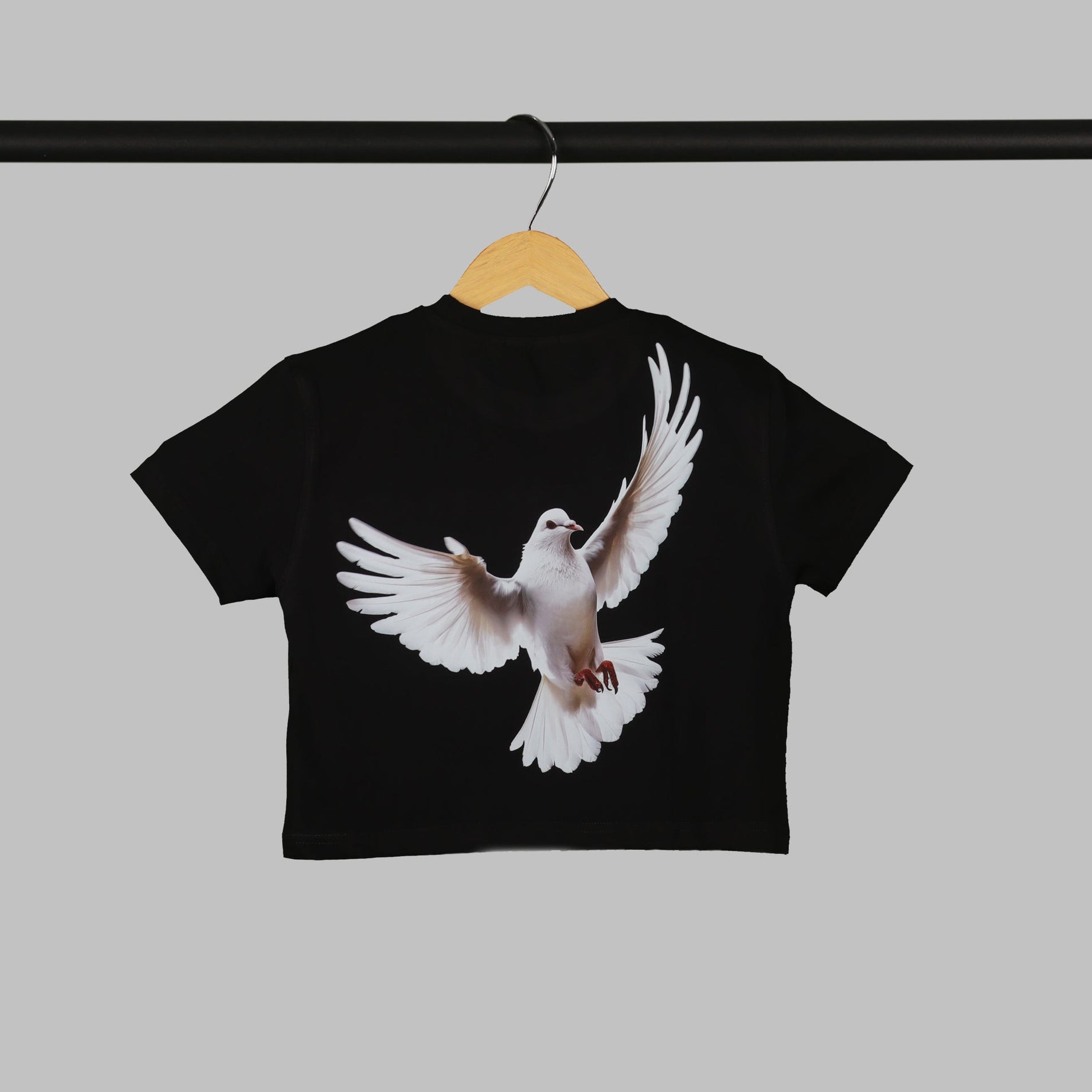 Black Half Sleeve Dove Love And Peace Printed Women's Regular Crop Top
