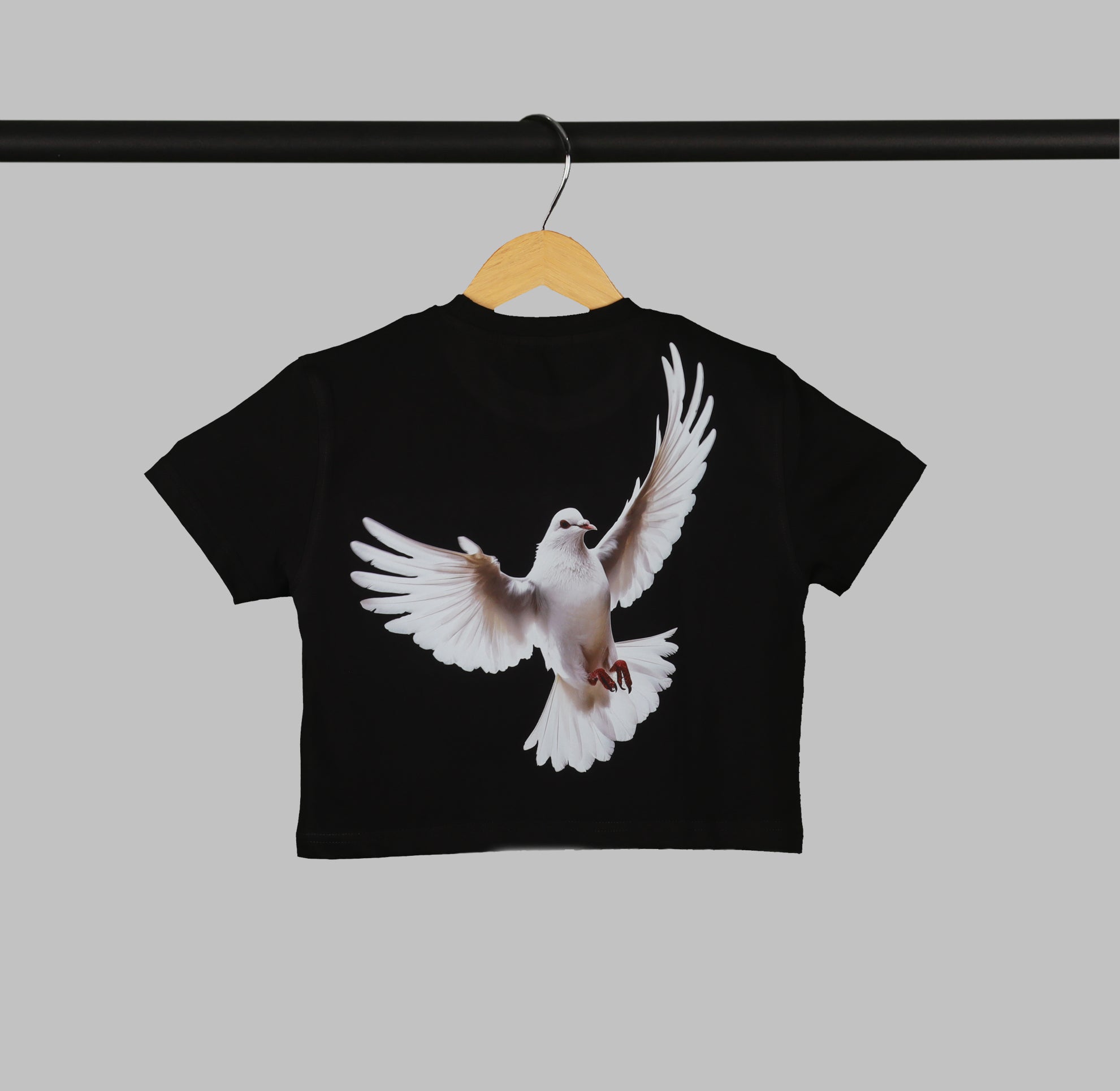 Black Half Sleeve Dove Love And Peace Printed Women's Regular Crop Top