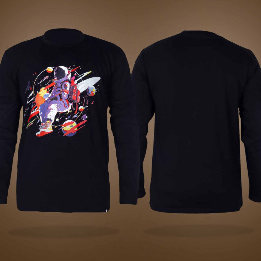 Black Round Neck Full Sleeves Astronaut Printed T-Shirt