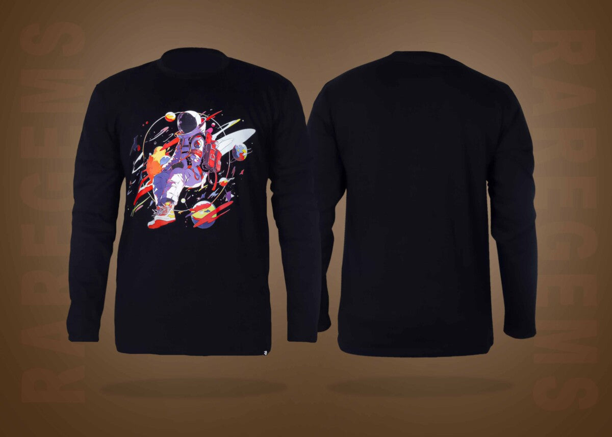 Black Round Neck Full Sleeves Astronaut Printed T-Shirt